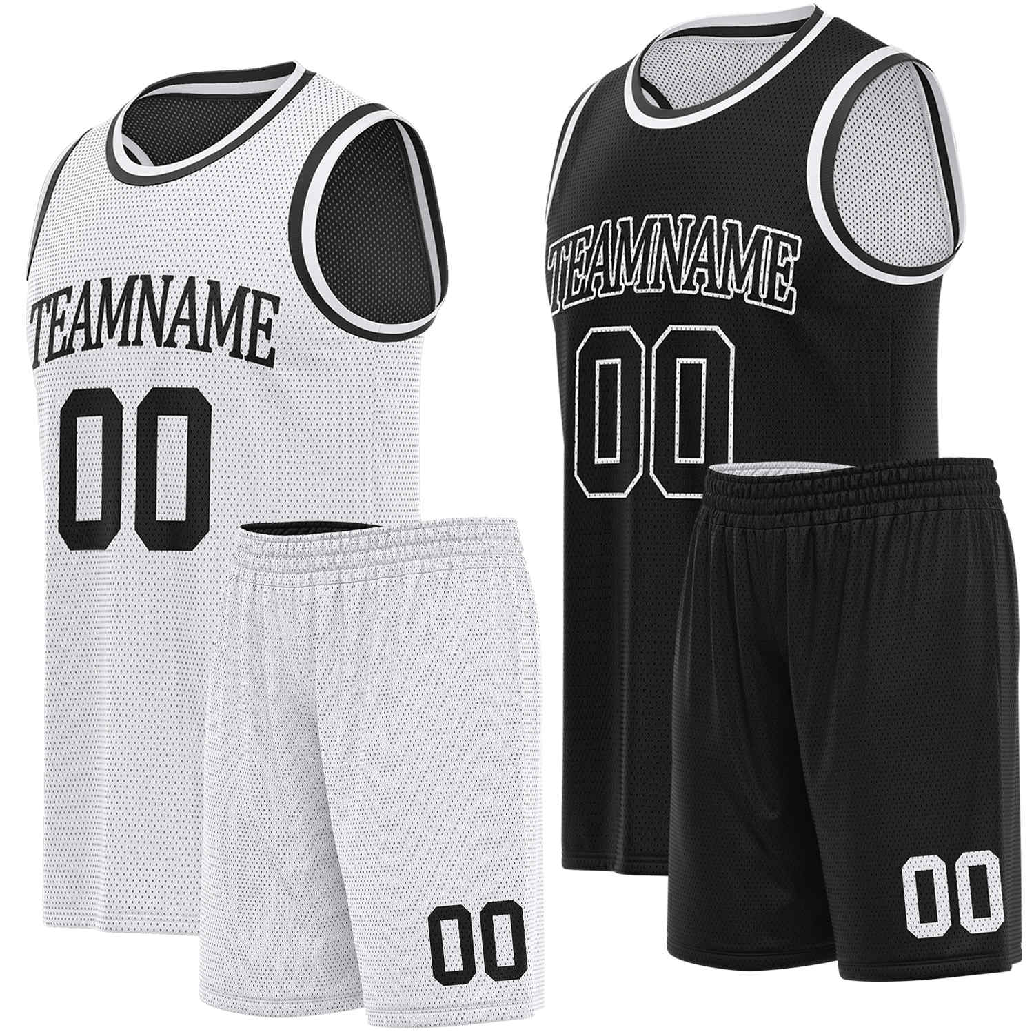 Custom reversible white & black basketball uniform set, personalized team name number logo breathable mesh sports jersey and shorts for men women youth game practice - Vosoli