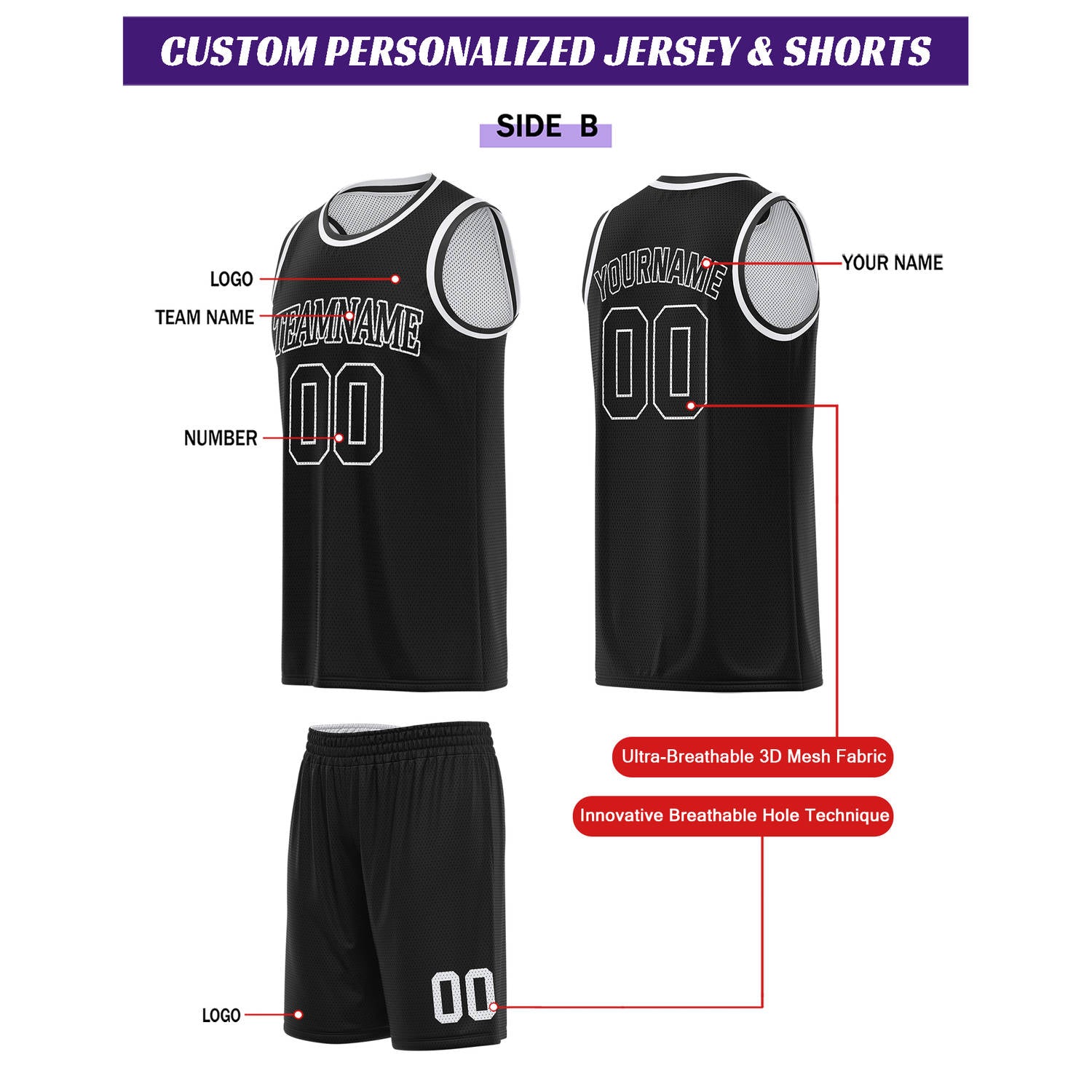 Custom Reversible White & Black Basketball Uniform Set | Personalized for Team Sports Practice - Vosoli