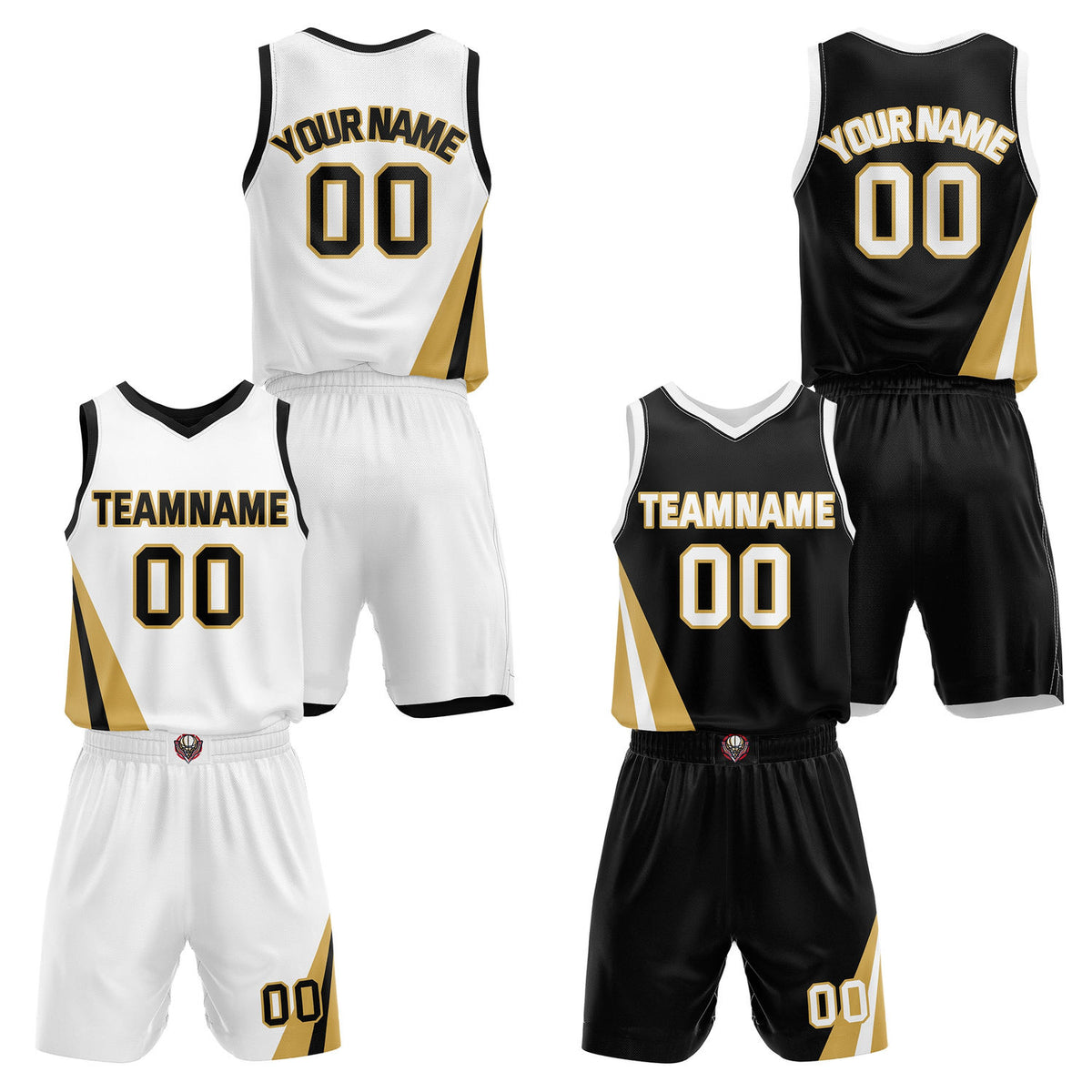 Custom Reversible White Black Gold Basketball Uniform Set | Team &amp; Player Name - Vosoli