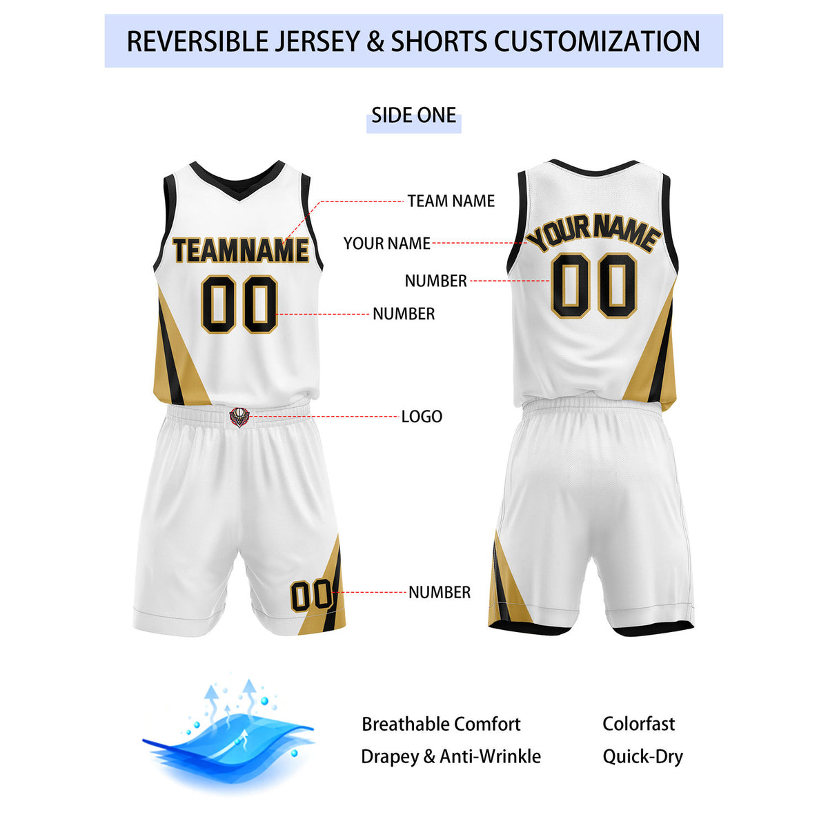 Custom Reversible White Black Gold Basketball Uniform Set | Team & Player Name - Vosoli