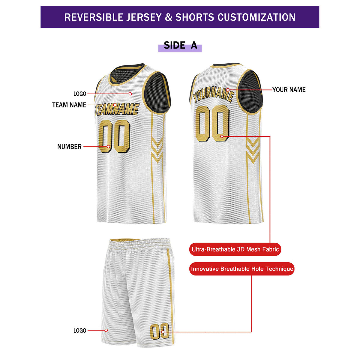 Custom Reversible White Black Gold Basketball Uniform Set | Team Name & Number - Vosoli