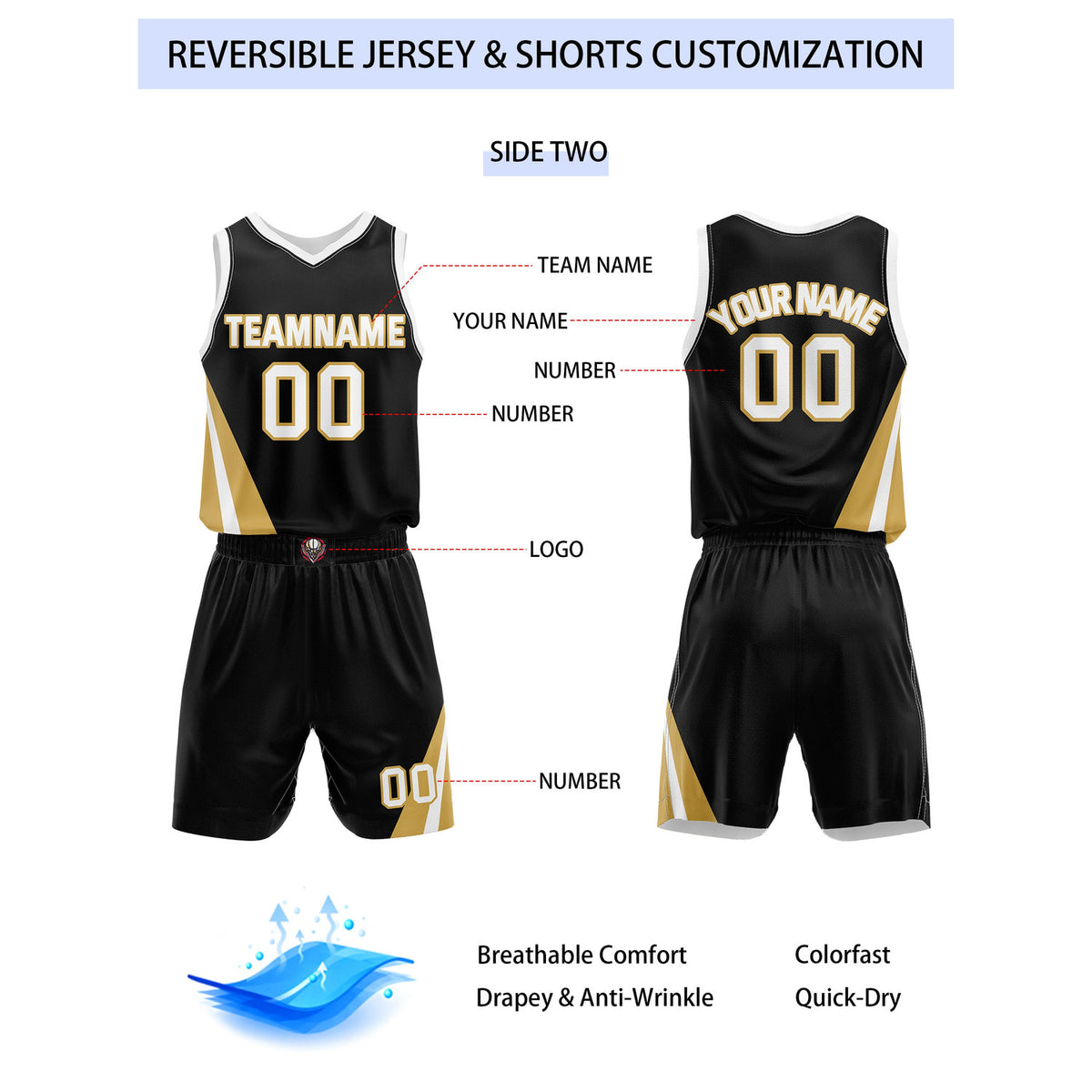 Custom Reversible White Black Gold Basketball Uniform Set | Team & Player Name - Vosoli