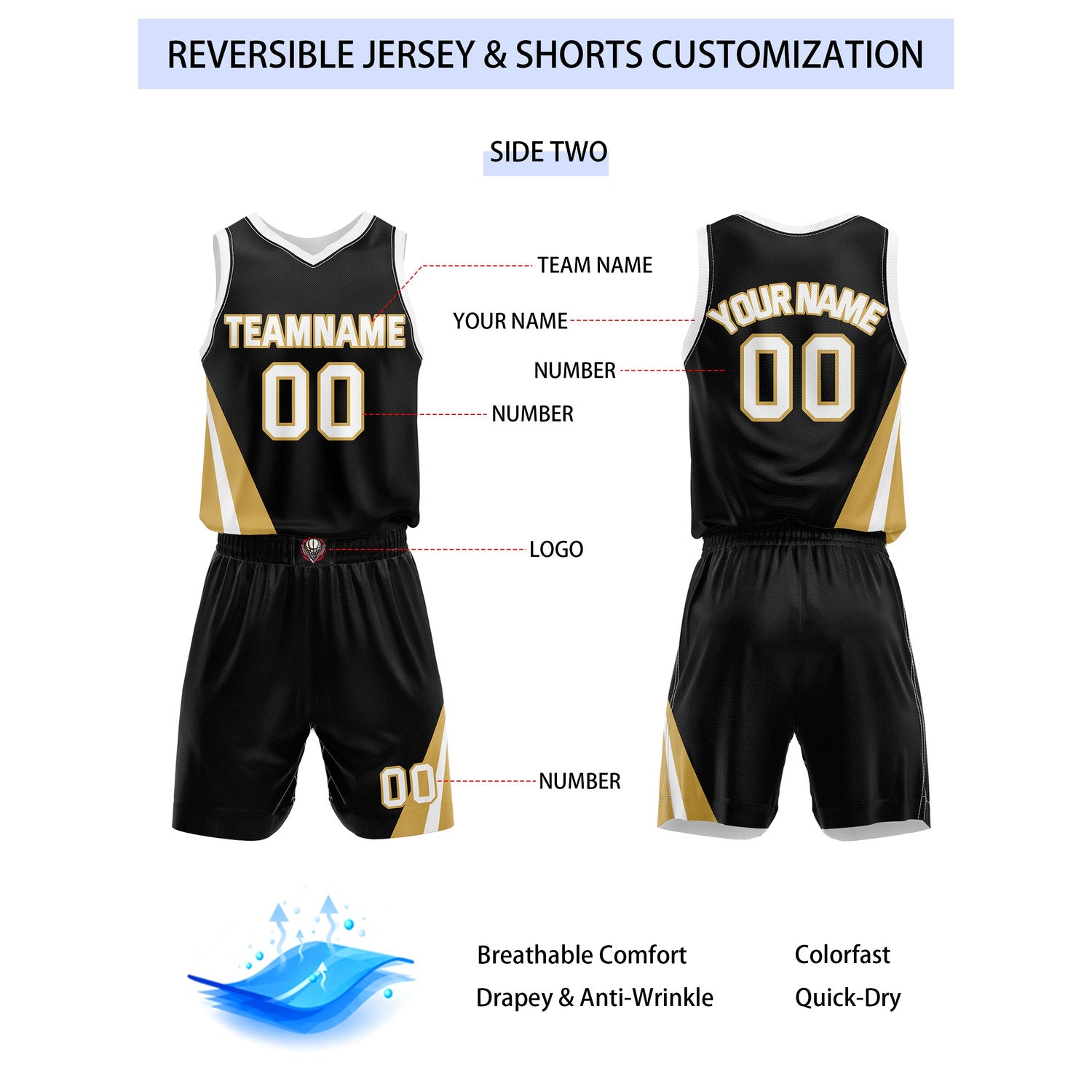 Custom Reversible White Black Gold Basketball Uniform Set | Team & Player Name - Vosoli