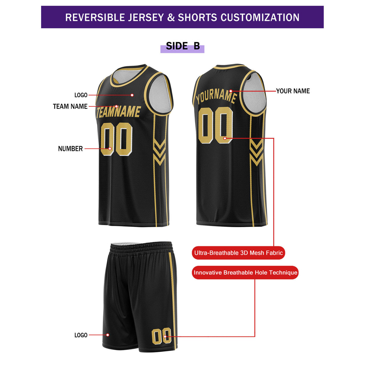 Custom Reversible White Black Gold Basketball Uniform Set | Team Name & Number - Vosoli