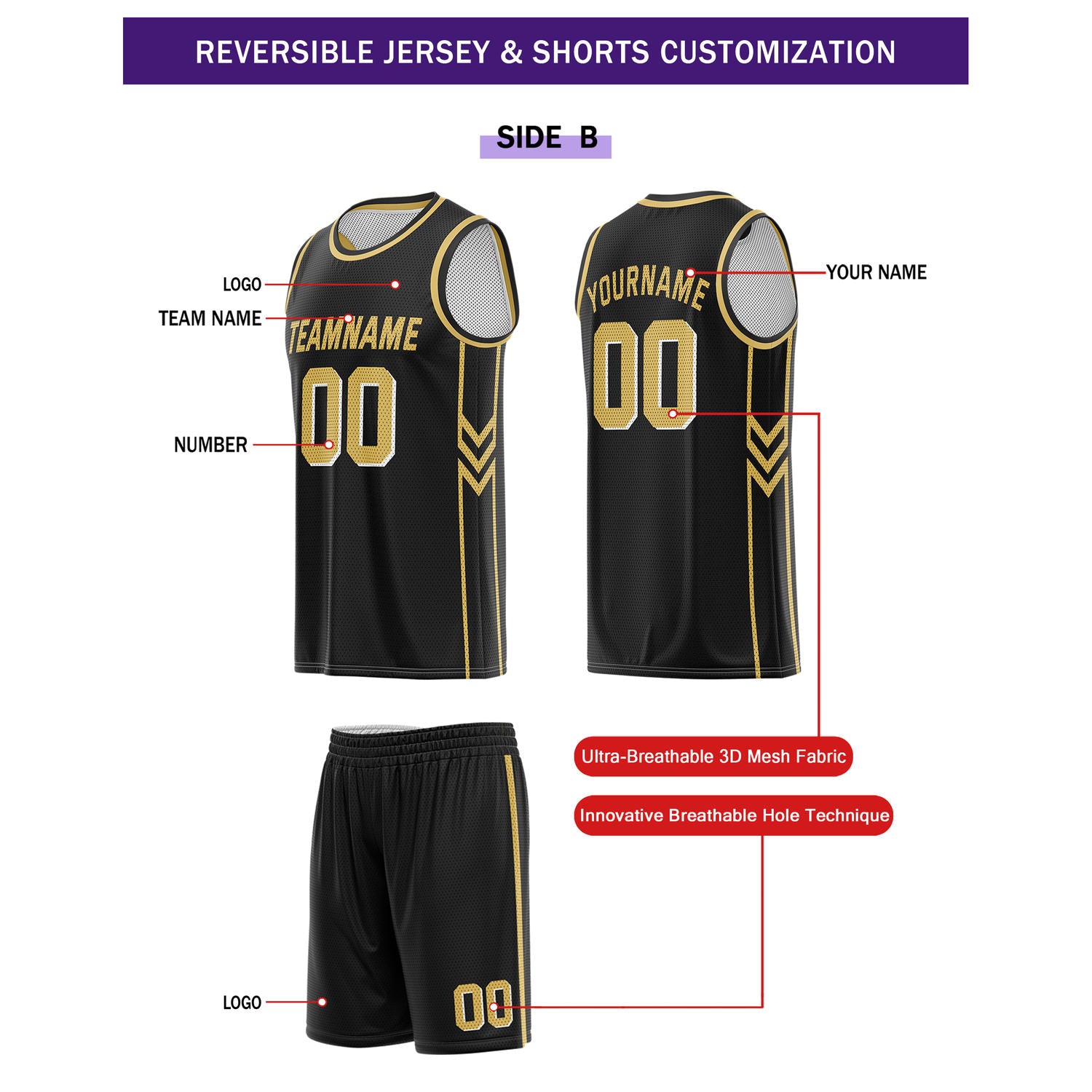 Custom Reversible White Black Gold Basketball Uniform Set | Team Name & Number - Vosoli