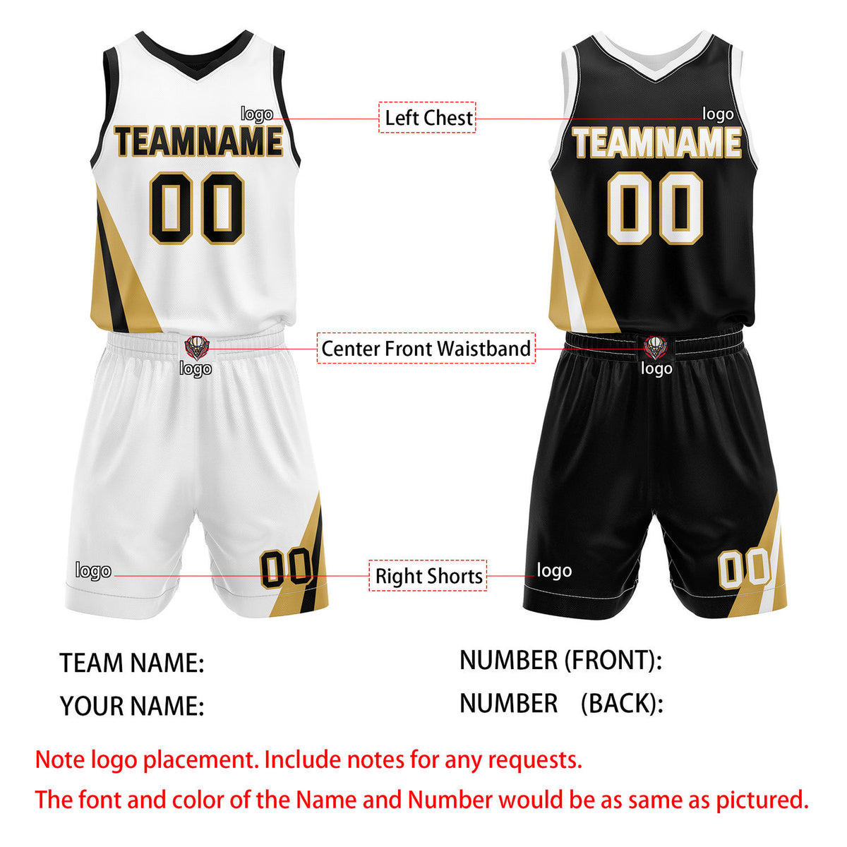Custom Reversible White Black Gold Basketball Uniform Set | Team & Player Name - Vosoli
