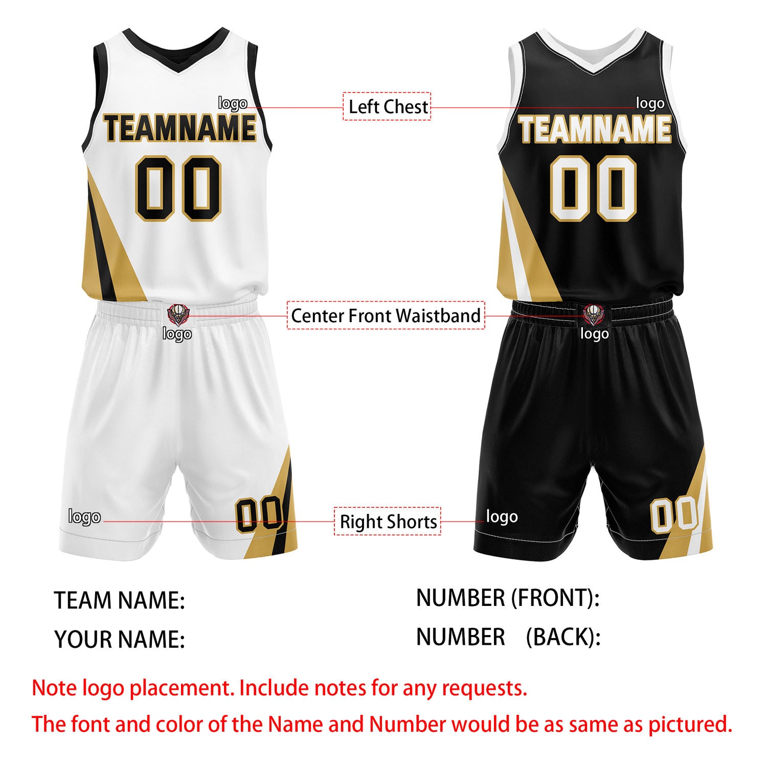 Custom Reversible White Black Gold Basketball Uniform Set | Team & Player Name - Vosoli