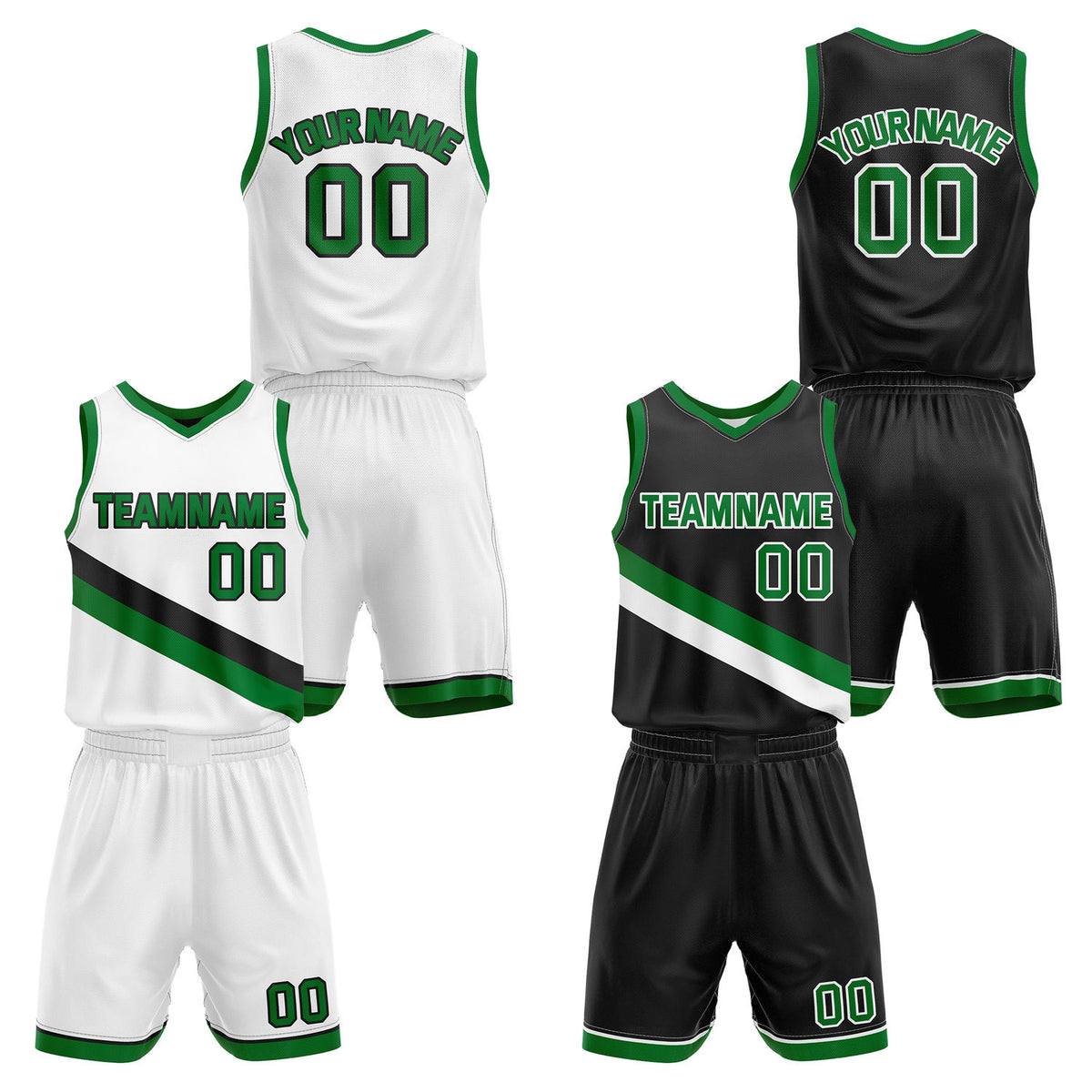 Custom Reversible White Black Green Basketball Uniform Set | Team &amp; Player Name - Vosoli