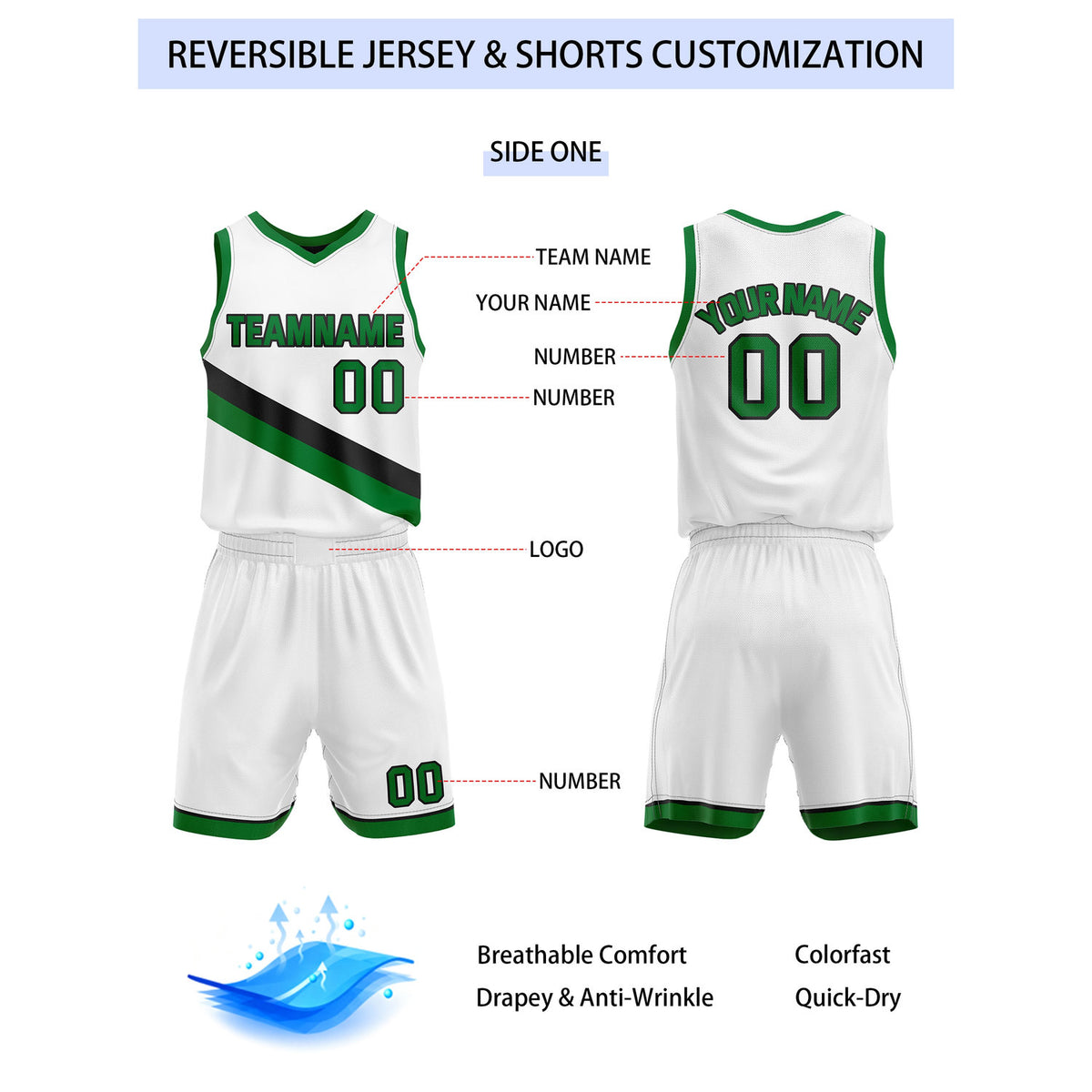 Custom Reversible White Black Green Basketball Uniform Set | Team & Player Name - Vosoli