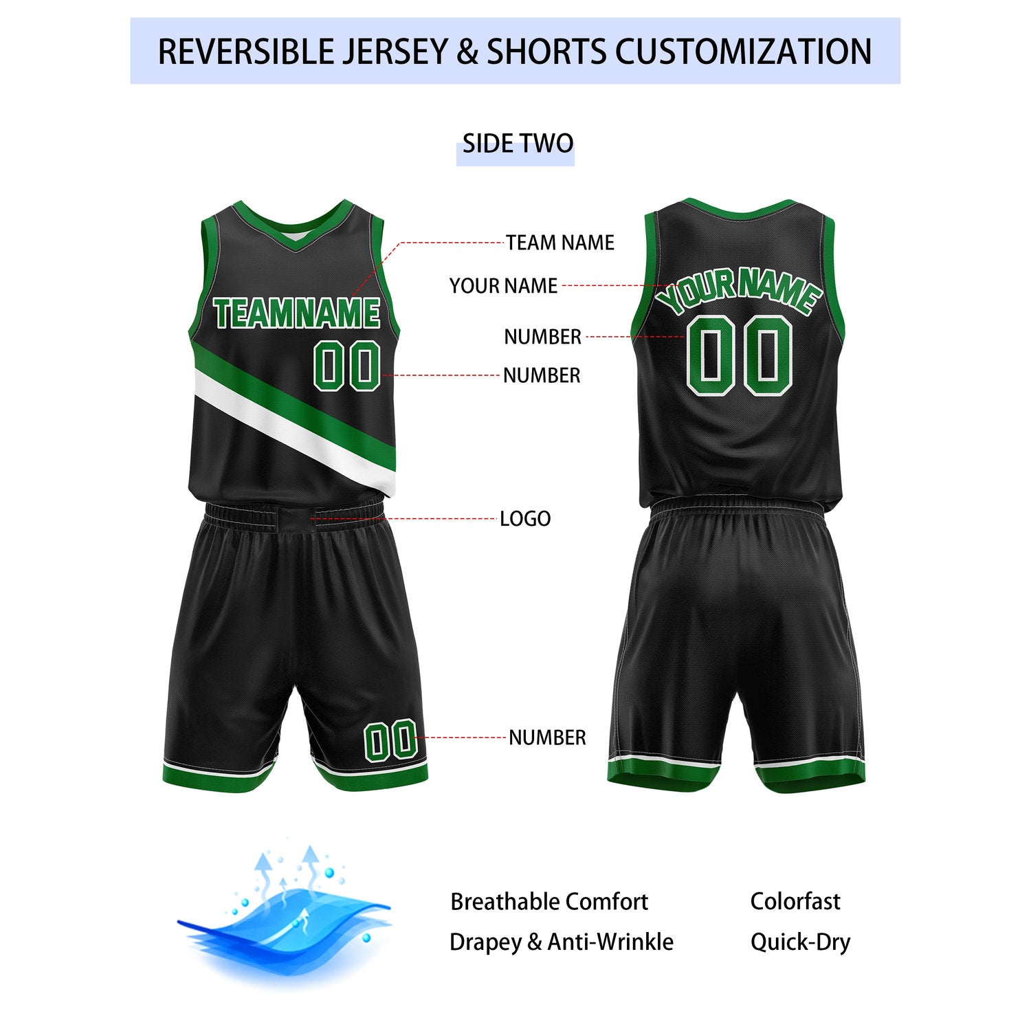 Custom Reversible White Black Green Basketball Uniform Set | Team & Player Name - Vosoli