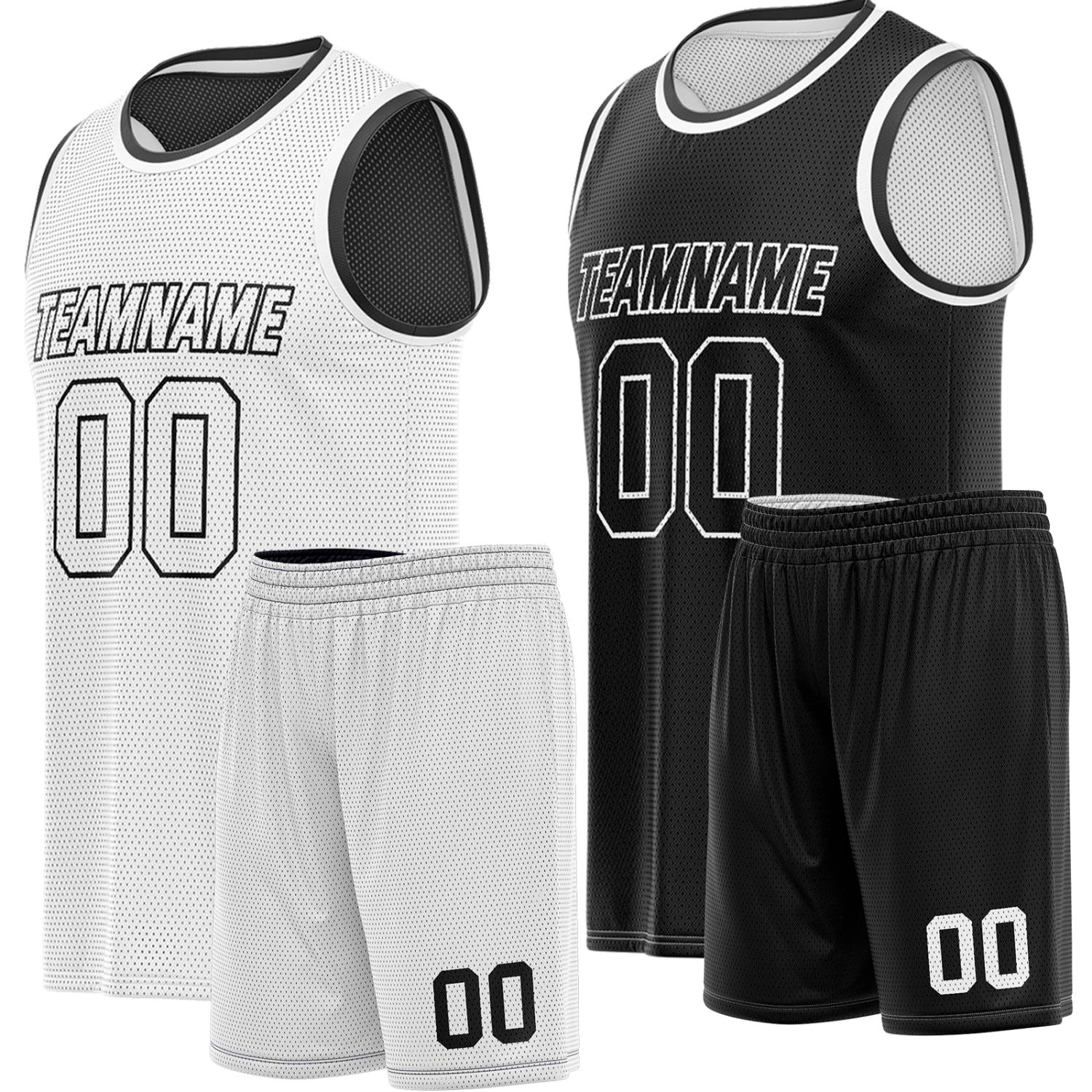 Custom reversible white & black basketball uniform, personalized team name number Logo breathable Mesh sports set for men women youth Adult game practice - Vosoli