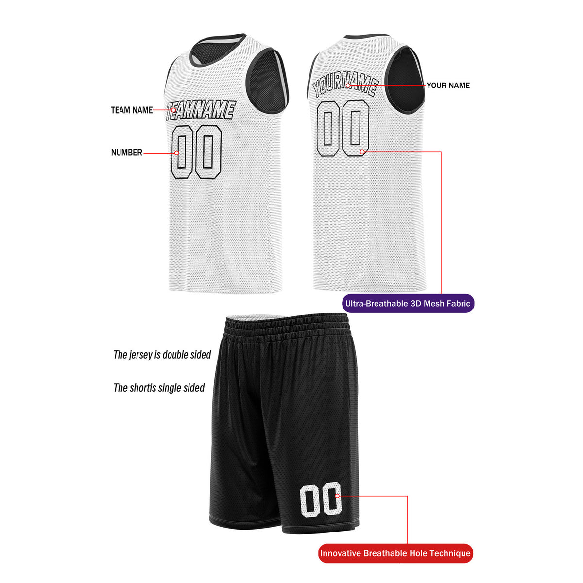 Custom Reversible White & Black Basketball Uniform (Jersey + Shorts) | Personalized Team Set | Vosoli