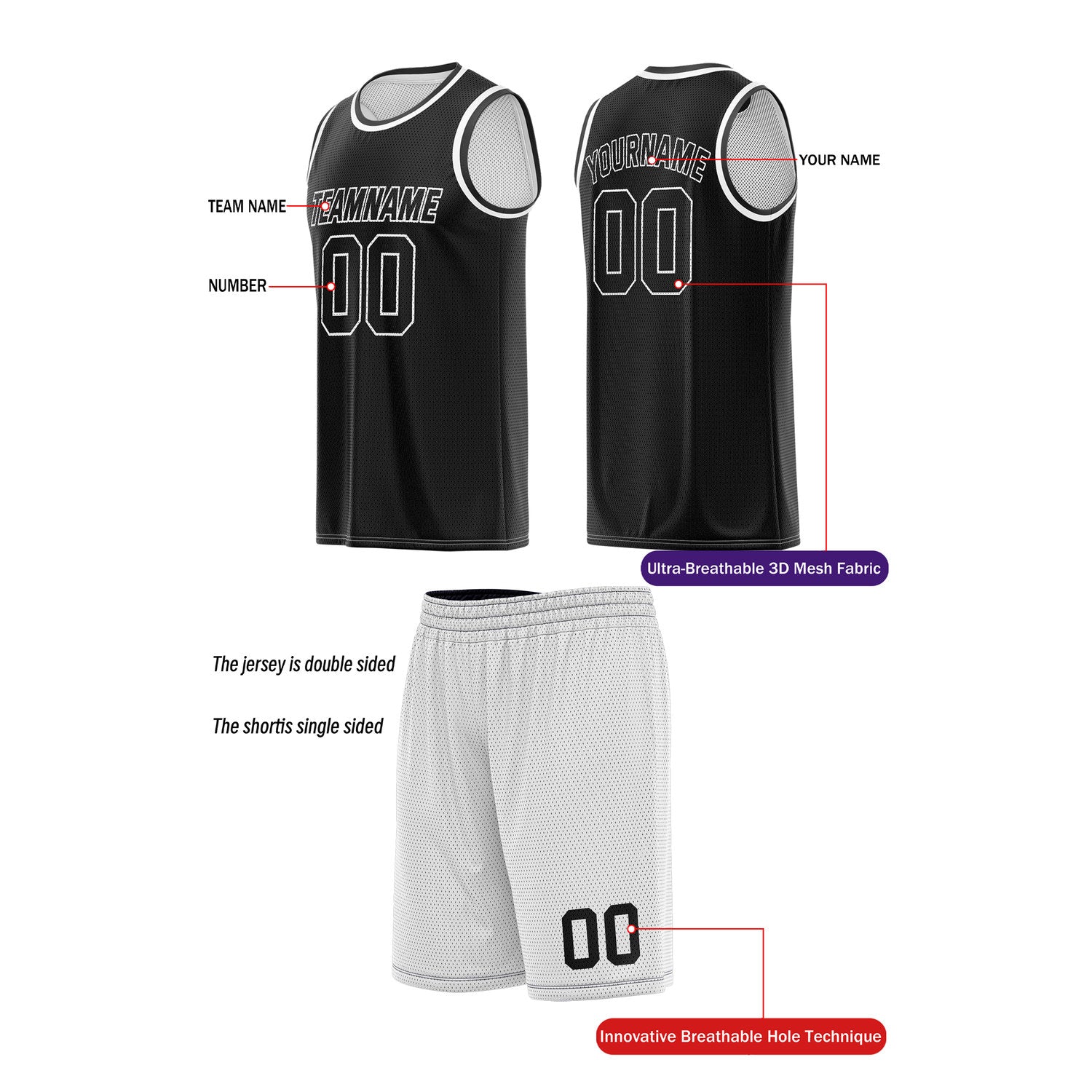 Custom Reversible White & Black Basketball Uniform (Jersey + Shorts) | Personalized Team Set | Vosoli