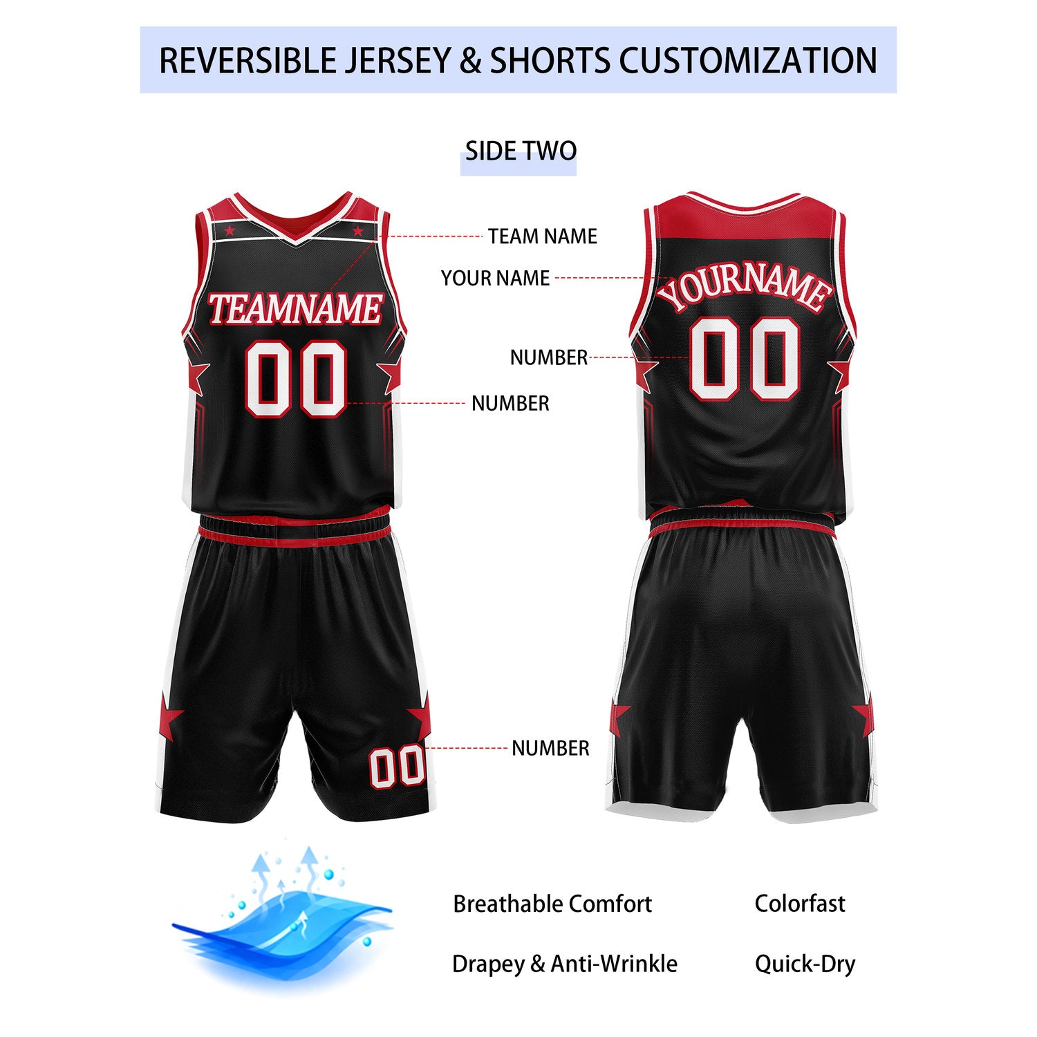Custom Reversible White Black Red Star Basketball Uniform Set | Team Name & Number - Vosoli