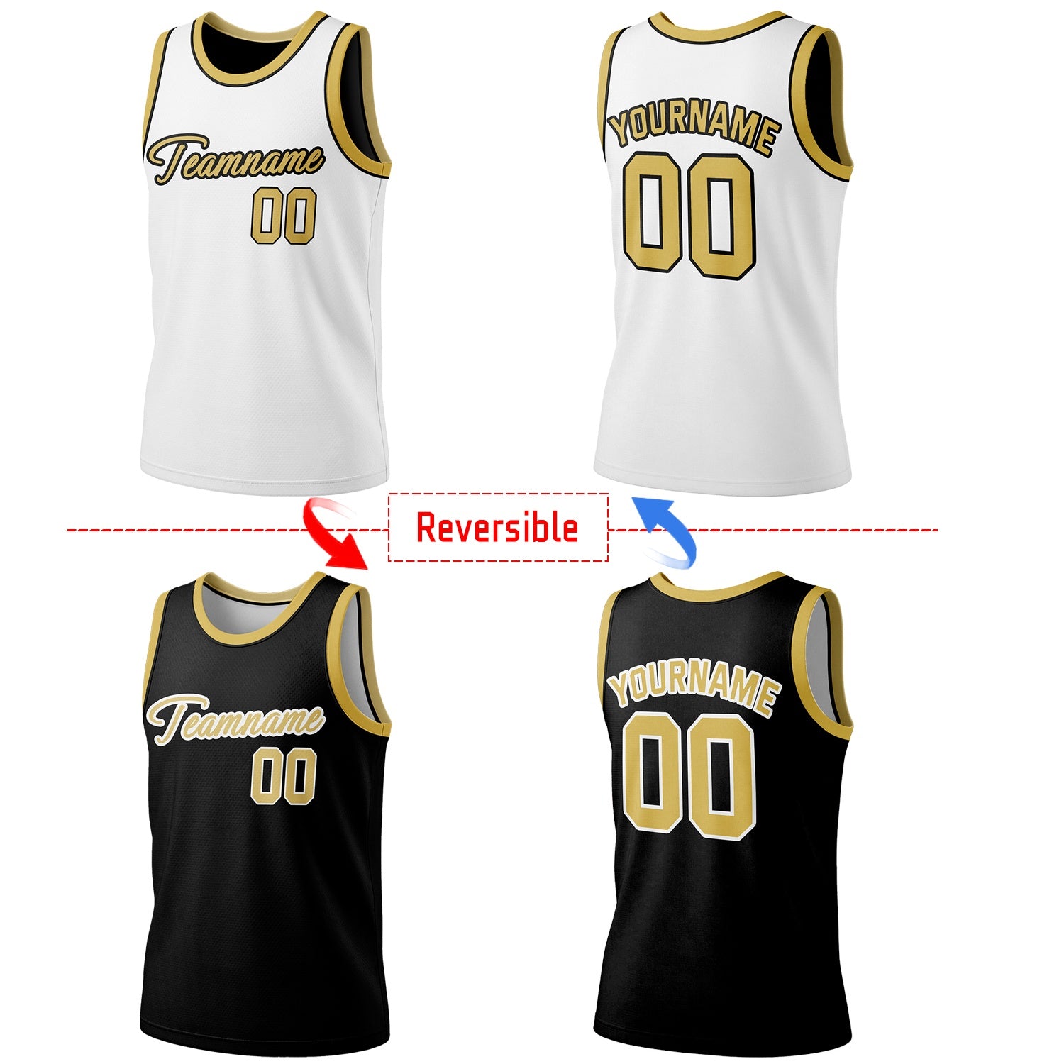 Custom reversible white & black basketball jersey, personalized script team name number Logo breathable sports top for men women youth Adult game practice - Vosoli