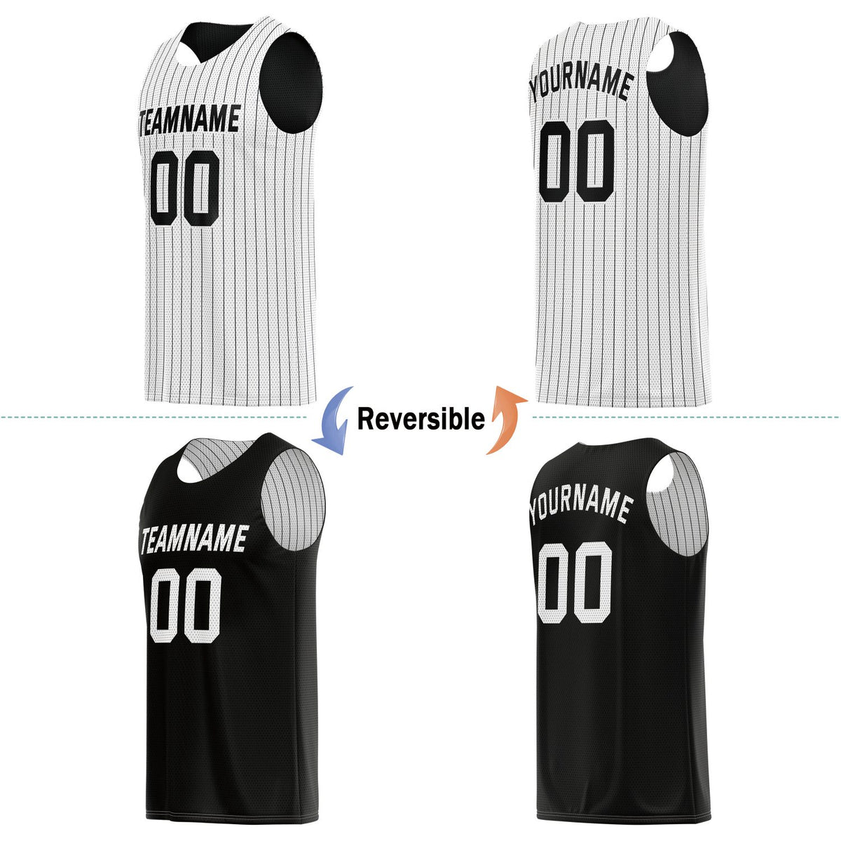Custom Reversible White Black Striped Basketball Jersey | Personalized Team Name, Number & LOGO | Vosoli