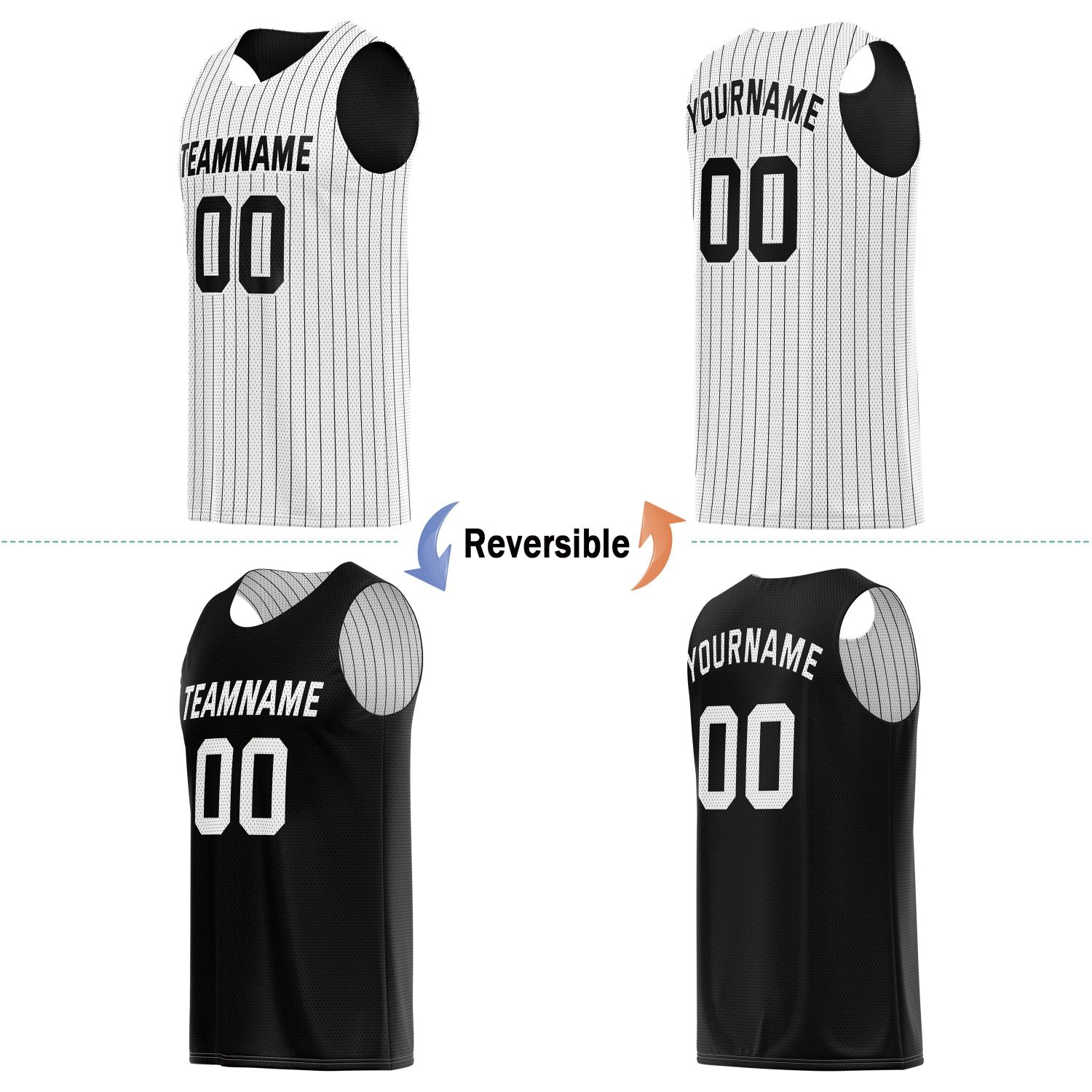 Custom Reversible White Black Pinstripe Basketball Jersey, Personalized Team Name Number Breathable Mesh Uniform for Men Women Youth