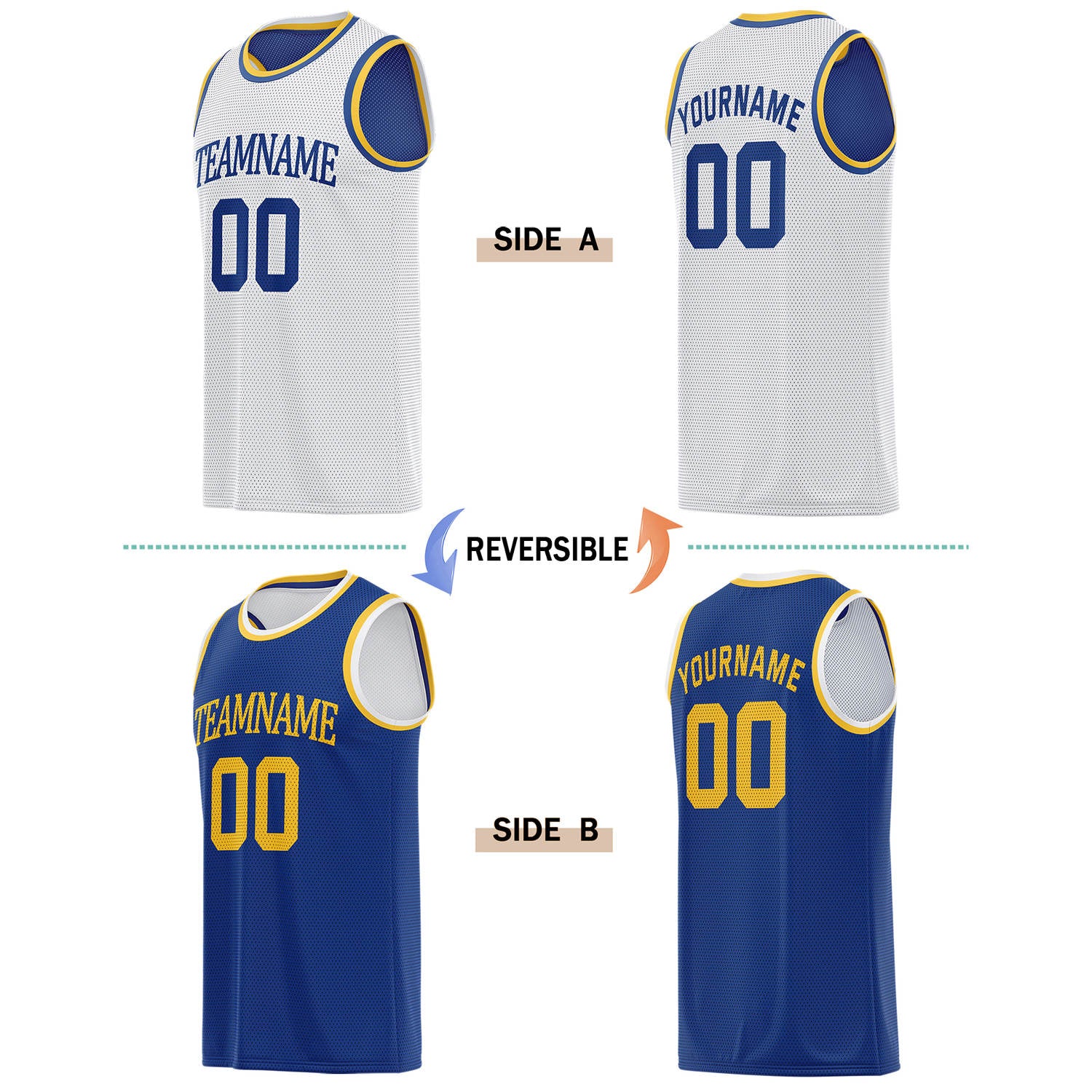 Custom Reversible White & Blue Basketball Jersey | Personalized for Team Sports - Vosoli