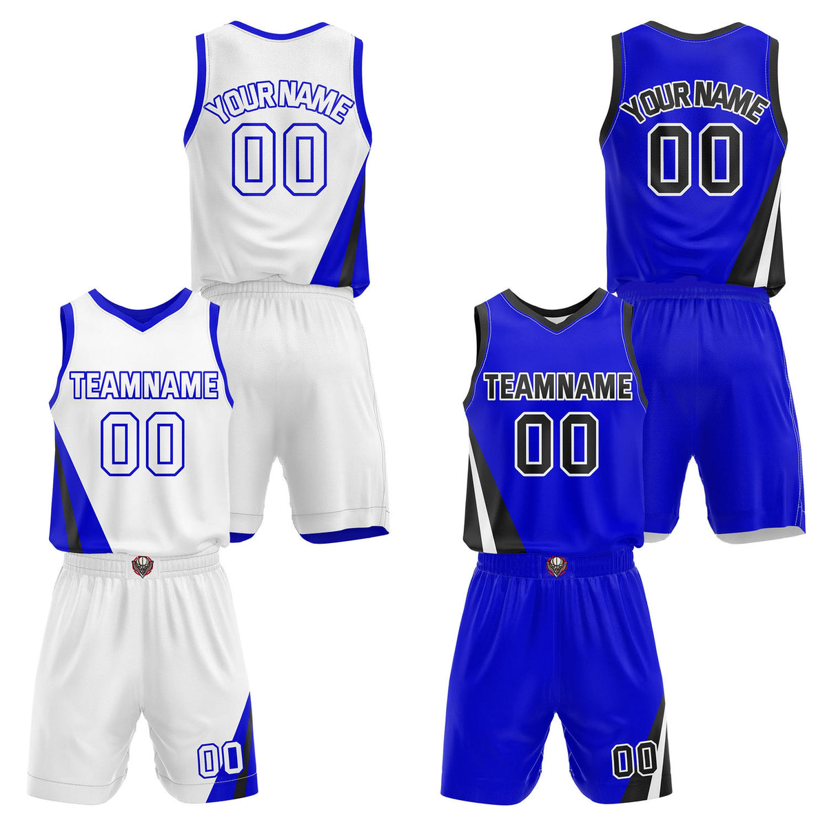 Custom Reversible White Blue Black Basketball Uniform Set | Team &amp; Player Name - Vosoli