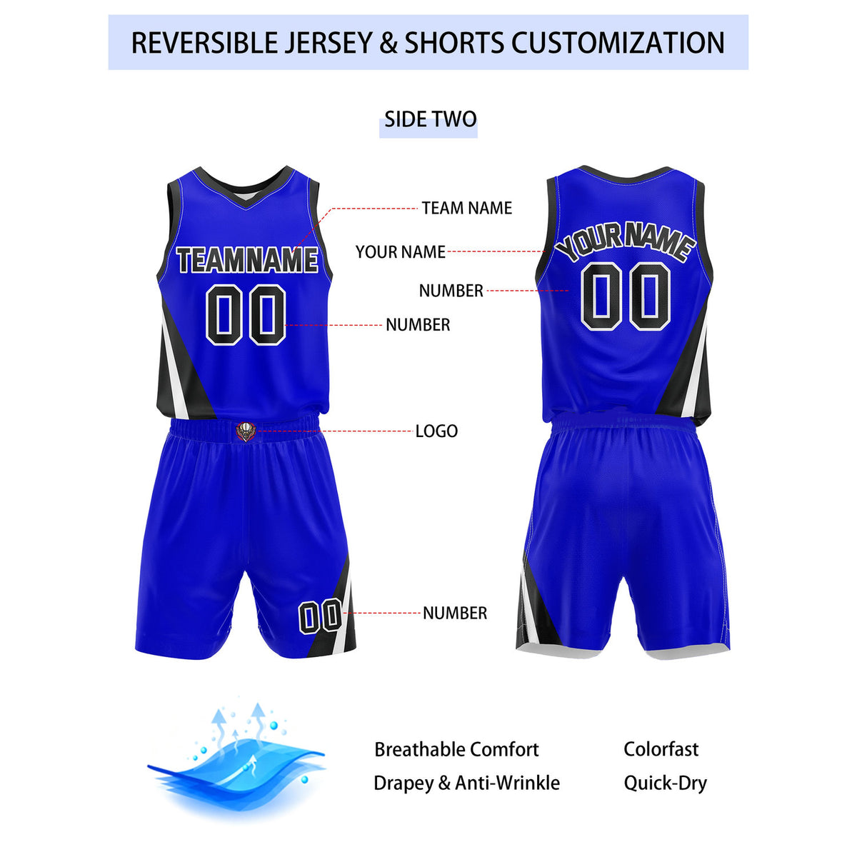 Custom Reversible White Blue Black Basketball Uniform Set | Team & Player Name - Vosoli