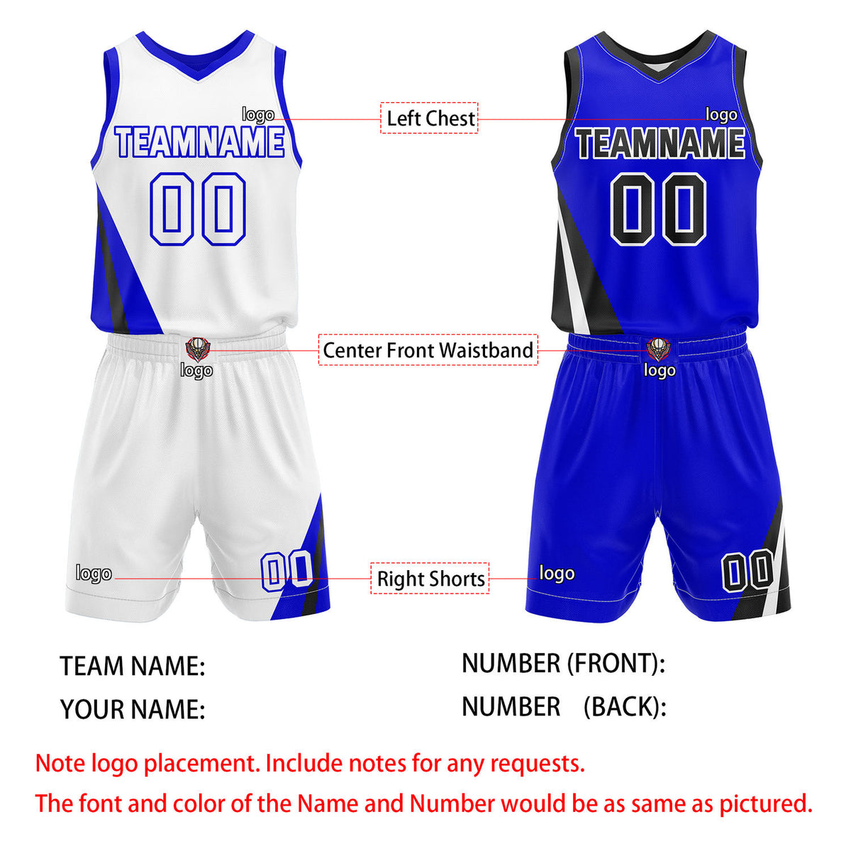 Custom Reversible White Blue Black Basketball Uniform Set | Team & Player Name - Vosoli
