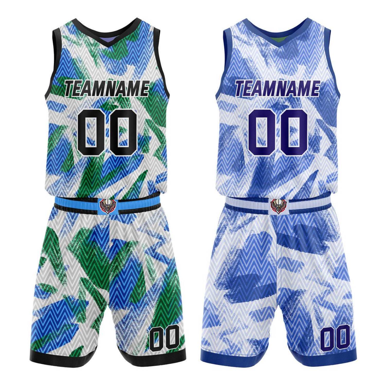Custom Reversible Basketball Jersey + Shorts Set (White-Blue-Green-Purple Geo Pattern) - Personalized Team Name, Number & LOGO | Vosoli