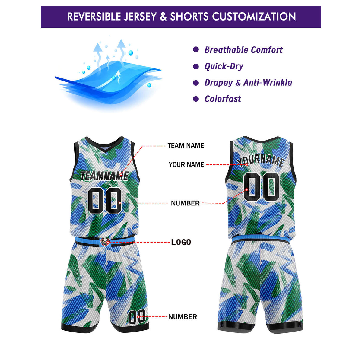 Custom Reversible Basketball Jersey + Shorts Set (White-Blue-Green-Purple Geo Pattern) - Personalized Team Name, Number & LOGO | Vosoli