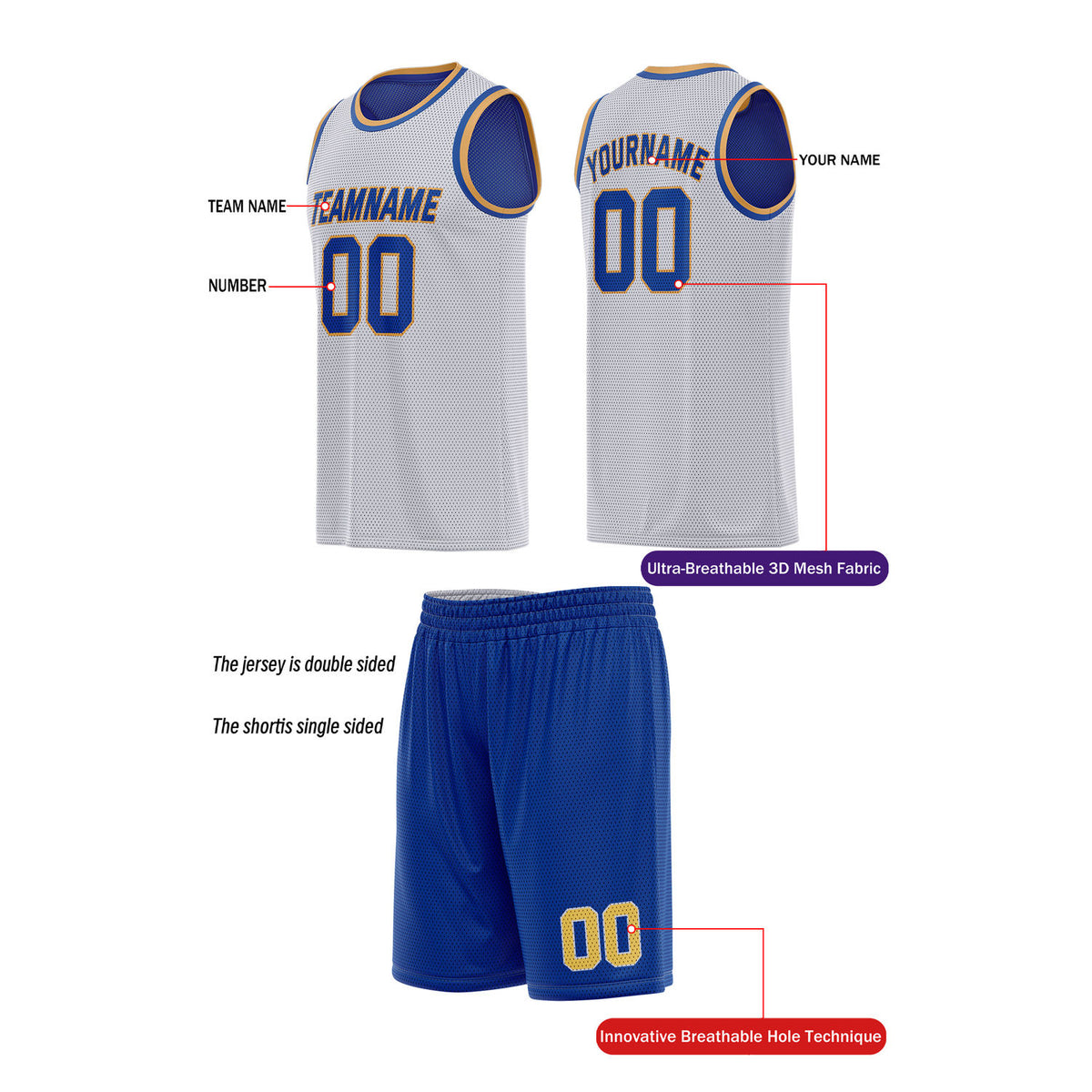 Custom Reversible White & Blue Basketball Uniform (Jersey + Shorts) | Personalized Team Set | Vosoli