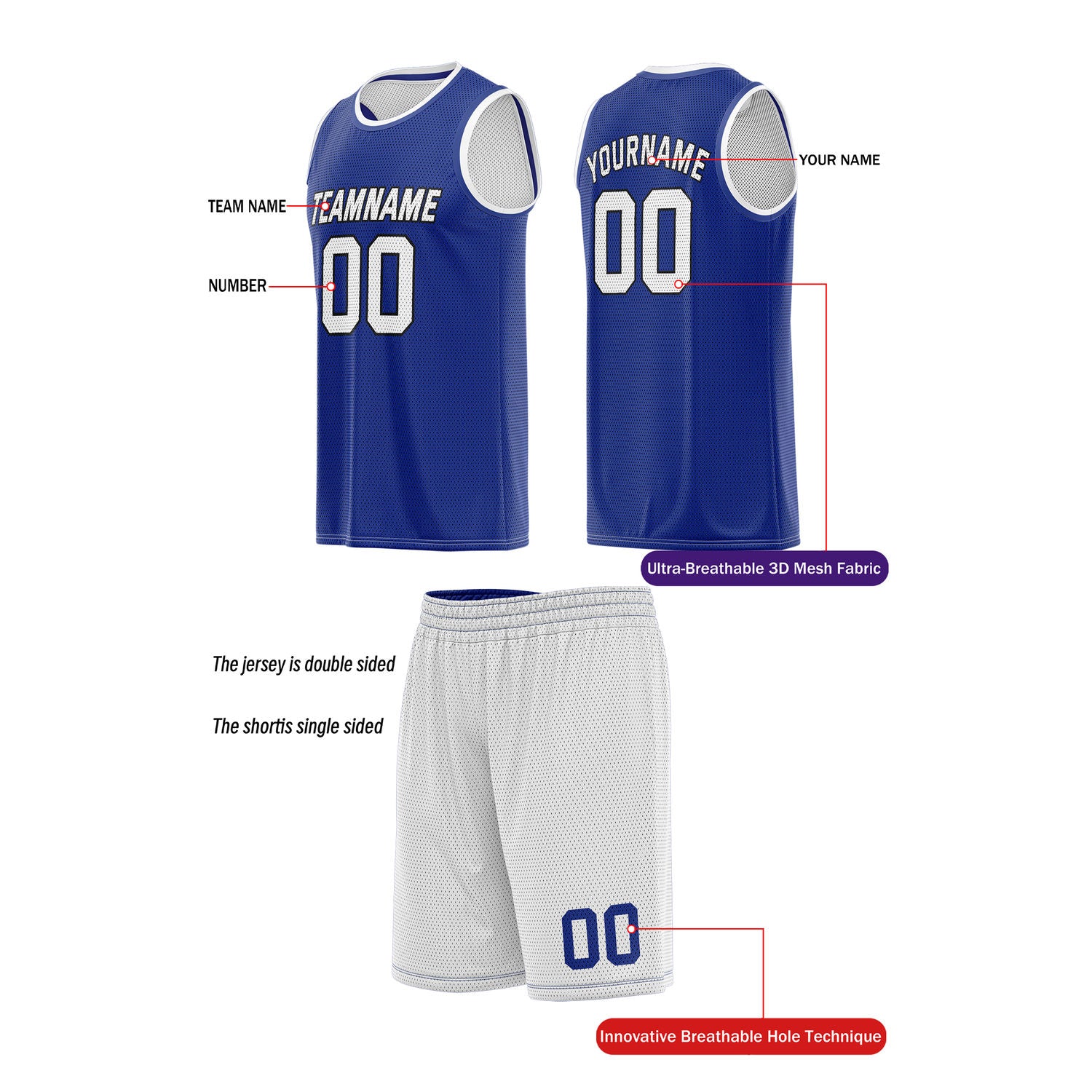 Custom Reversible White & Blue Basketball Uniform (Jersey + Shorts) | Personalized Team Set | Vosoli