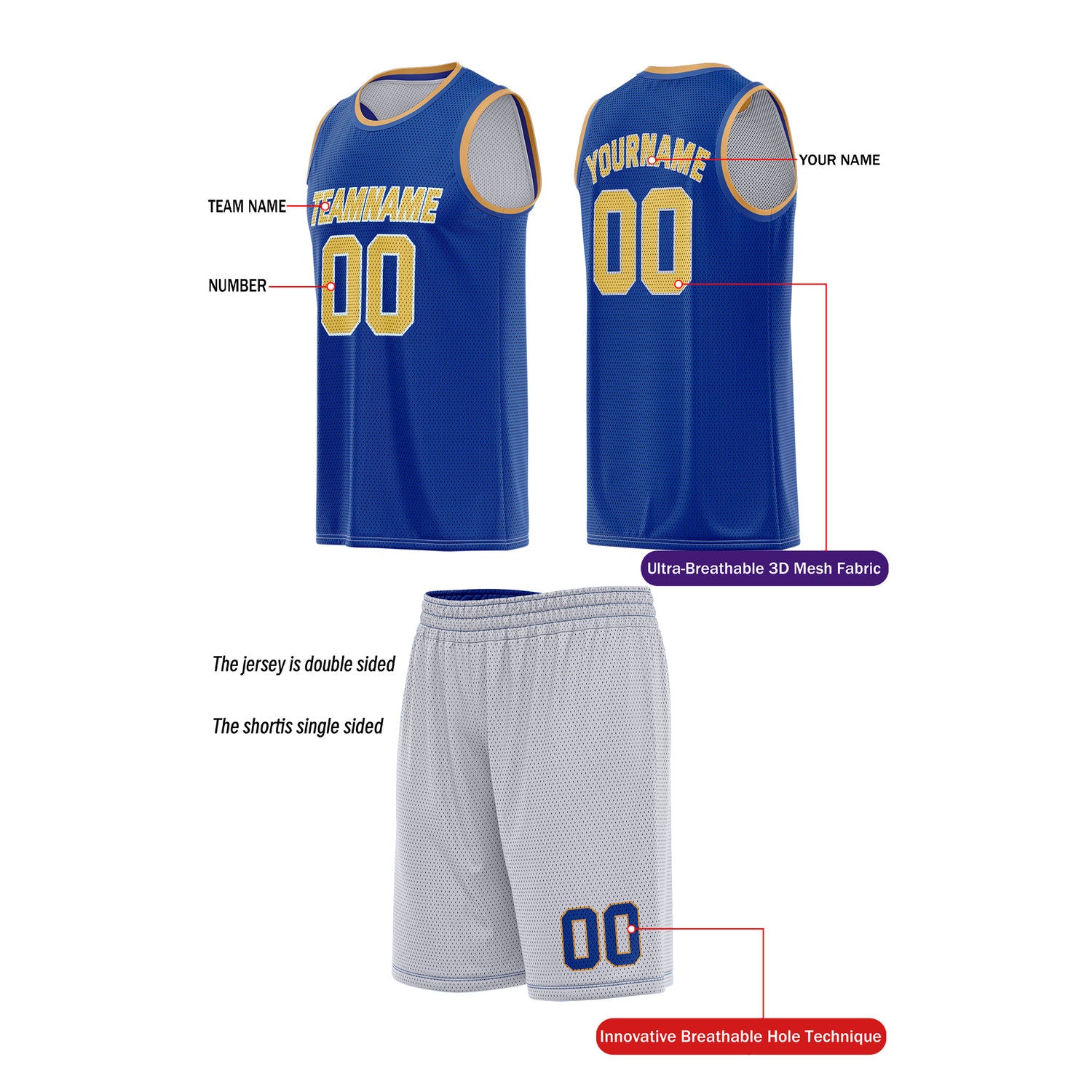 Custom Reversible White & Blue Basketball Uniform (Jersey + Shorts) | Personalized Team Set | Vosoli
