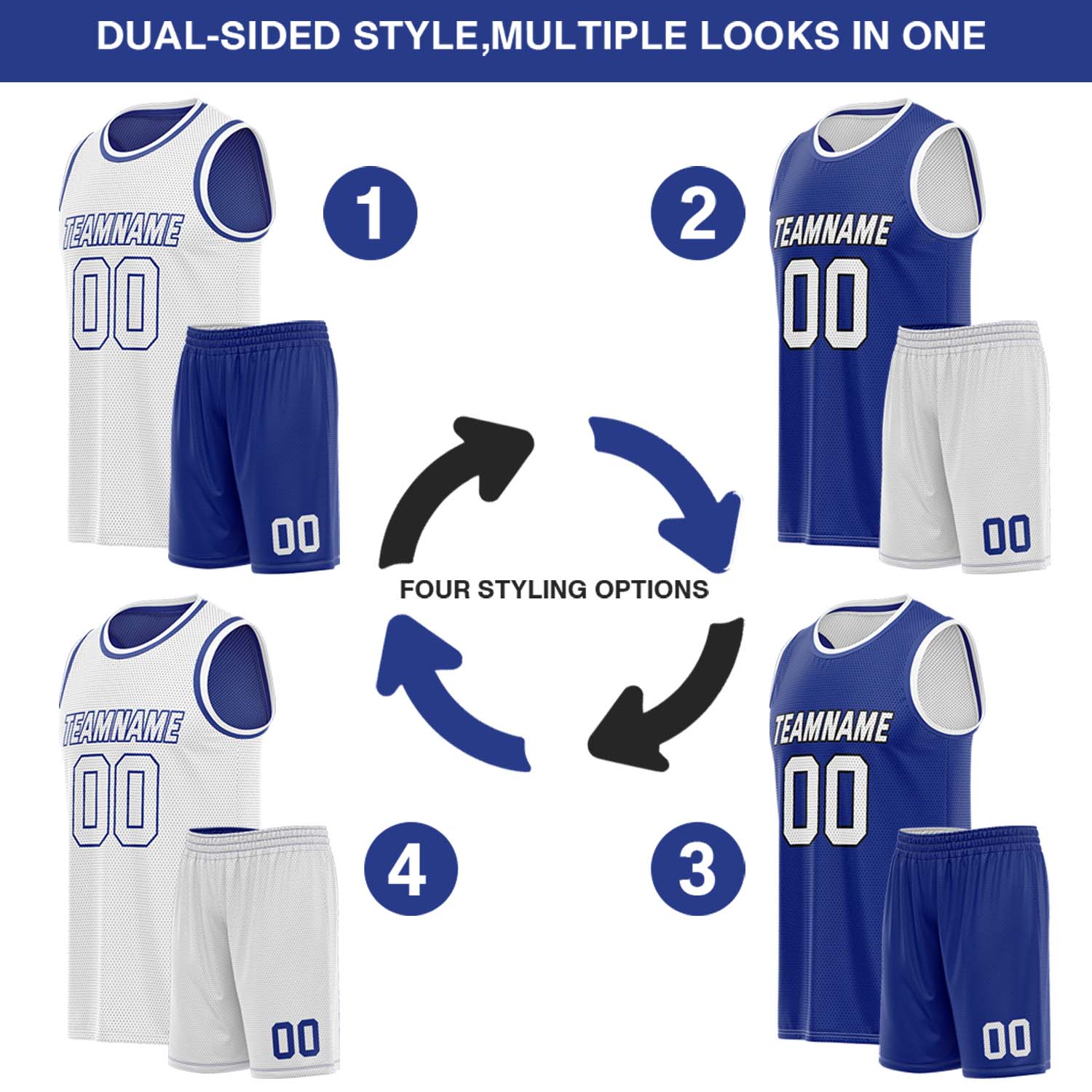Custom reversible white & blue basketball uniform, personalized team name number Logo breathable Mesh sports set for men women youth Adult game practice - Vosoli