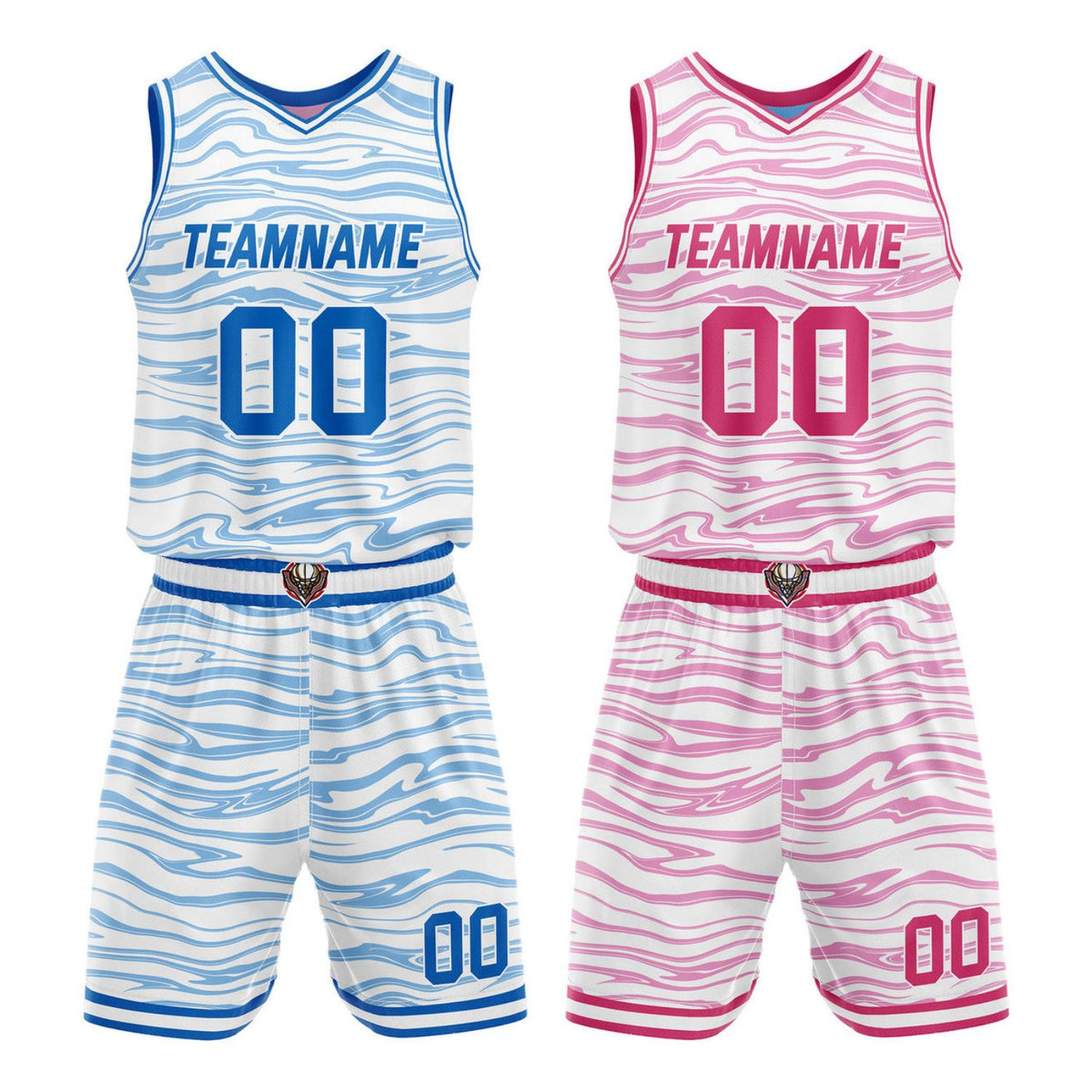 Custom Reversible Basketball Jersey Set - White with Blue &amp; Pink Waves | Personalized Name, Number &amp; LOGO | Vosoli