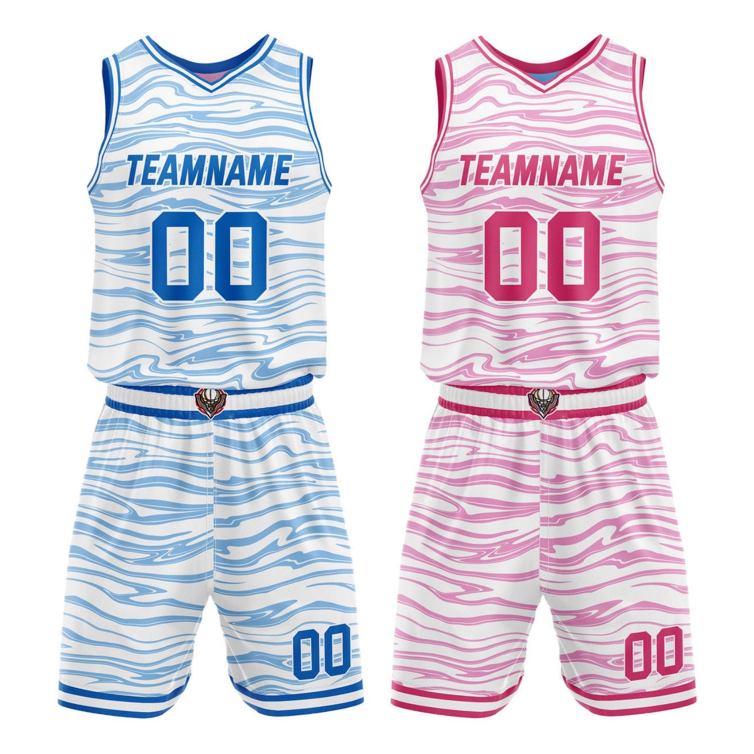 Custom Reversible Basketball Jersey Set - White with Blue & Pink Waves | Personalized Name, Number & LOGO | Vosoli