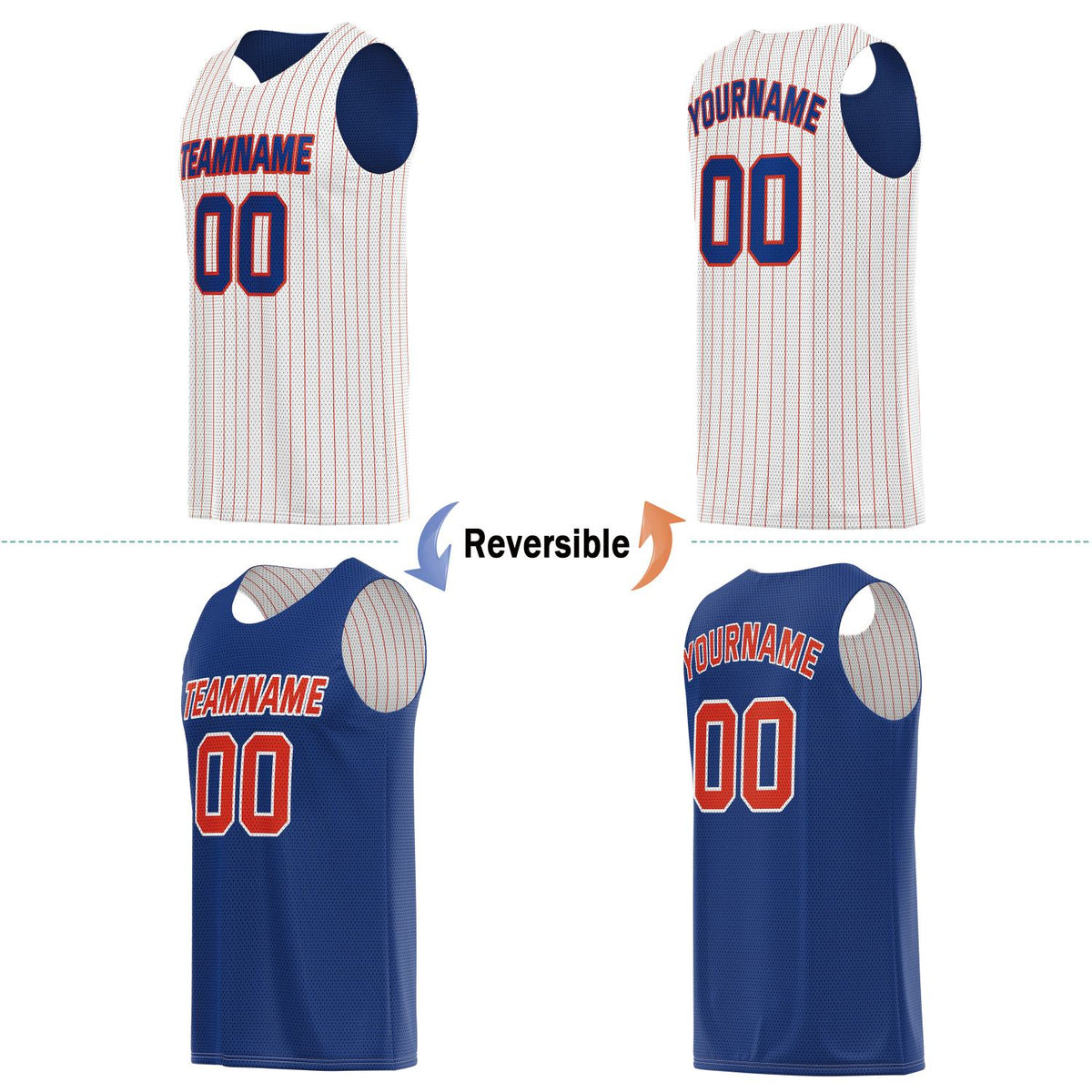 Custom Reversible White Blue Striped Basketball Jersey | Personalized Team Name, Number & LOGO | Vosoli
