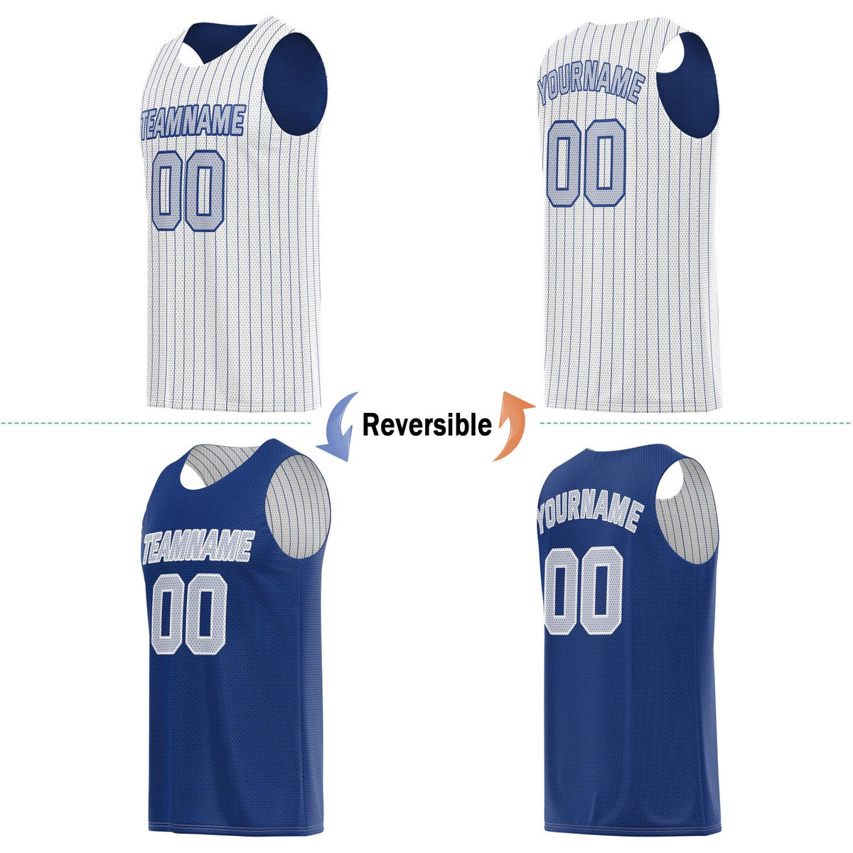 Custom Reversible White Blue Striped Basketball Jersey | Personalized Team Name, Number & LOGO | Vosoli