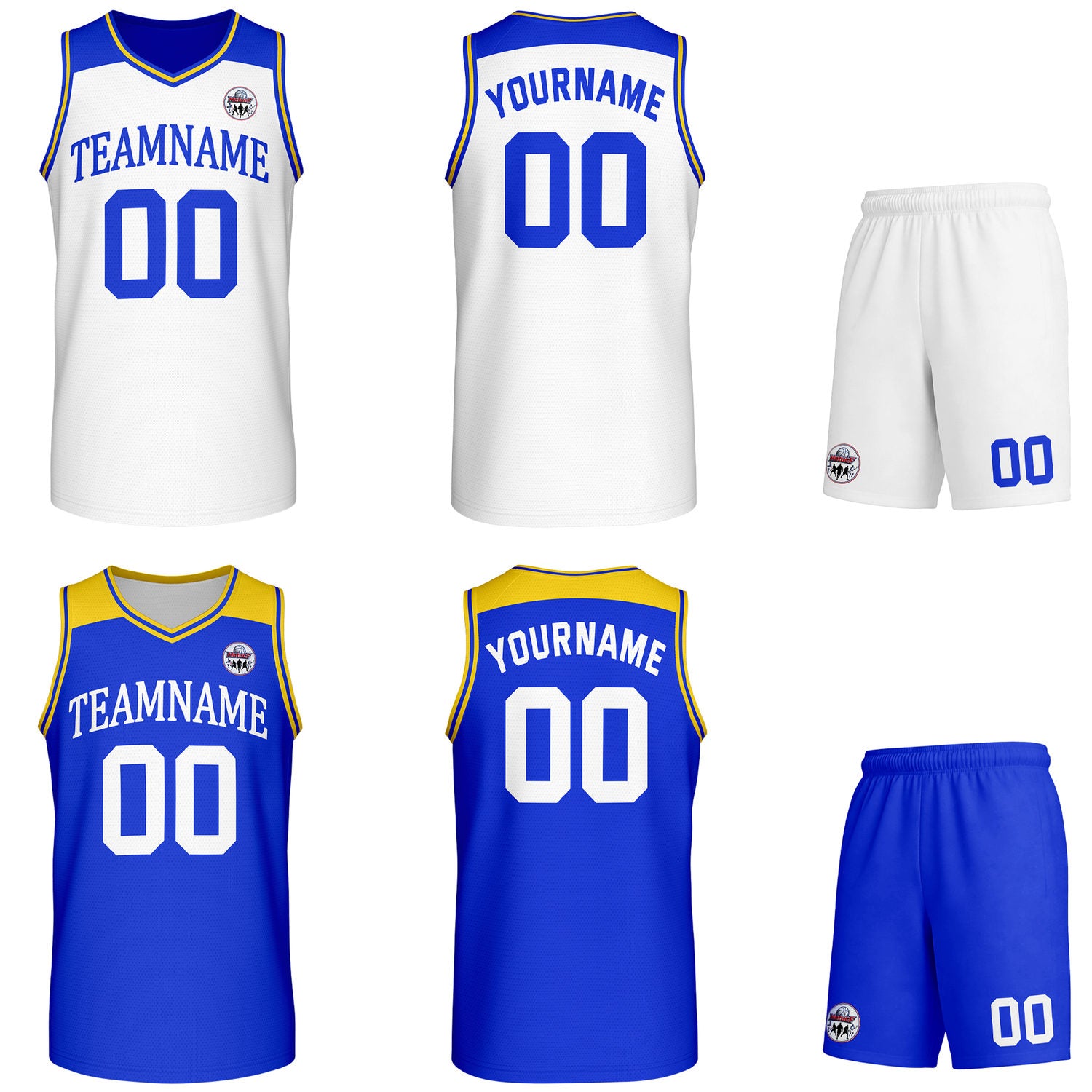 Custom reversible white & blue basketball uniform set, personalized with team name number and logo, breathable mesh fabric for men women youth game practice - Vosoli