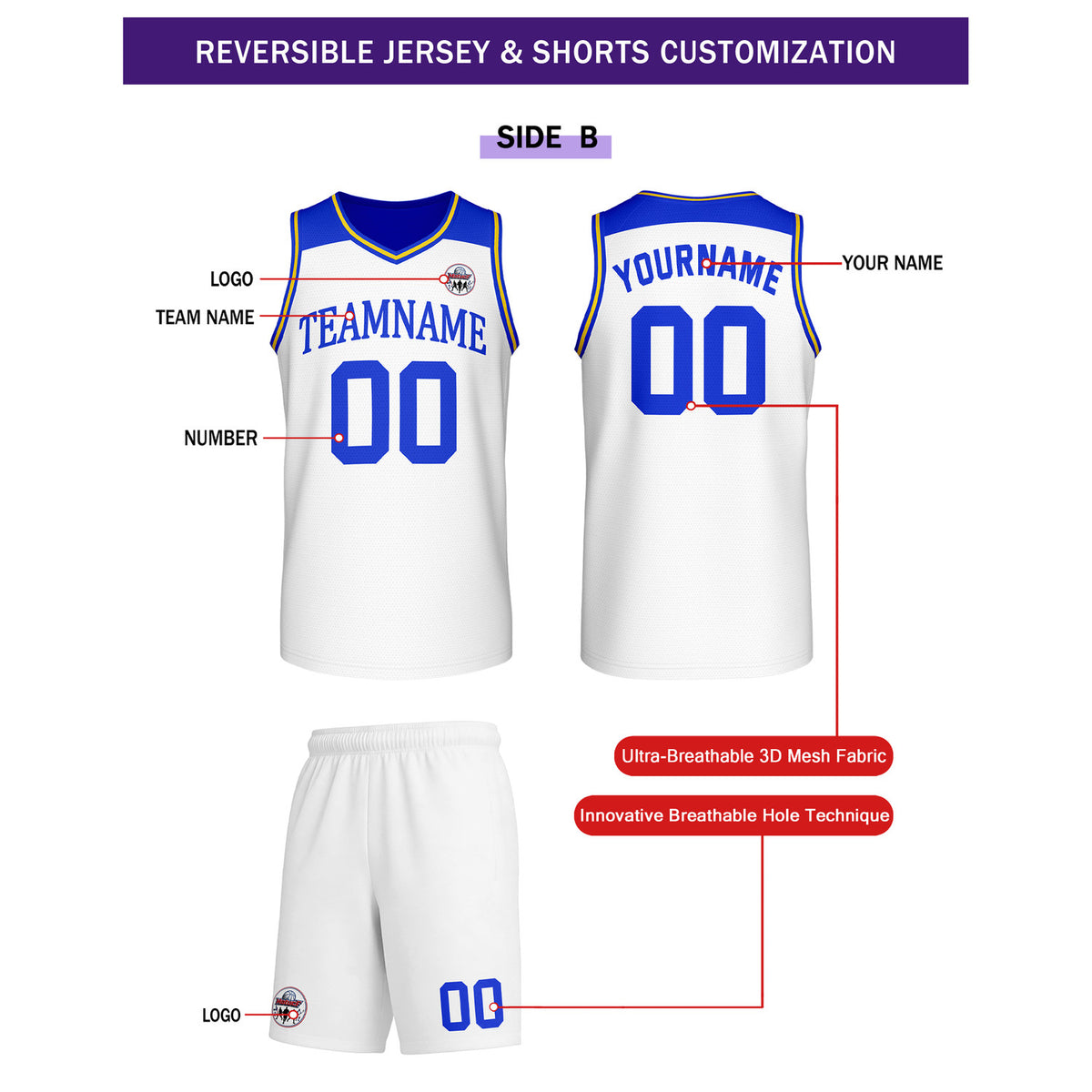 Custom Reversible White Blue Yellow Basketball Uniform Set | Team Name & Number - Vosoli
