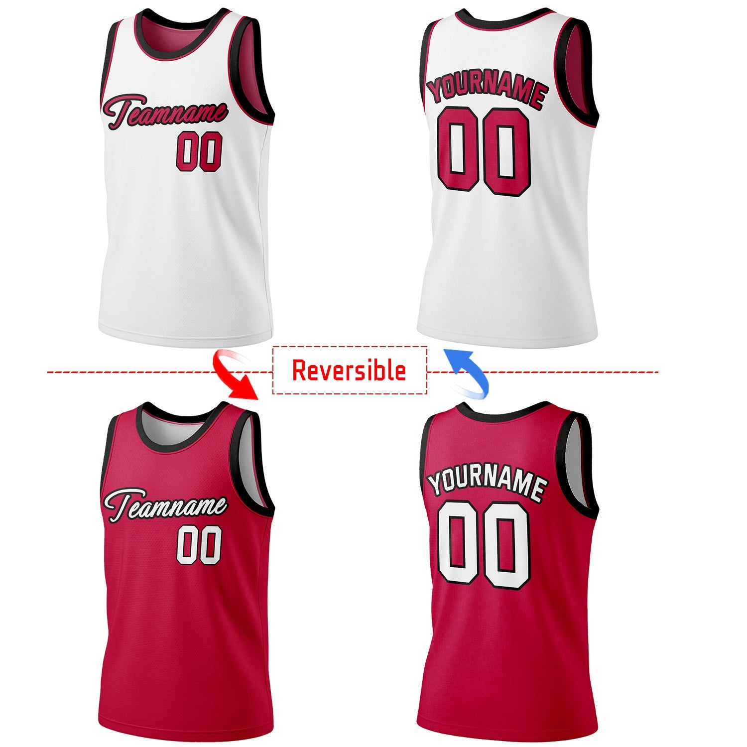 Custom reversible white & crimson basketball jersey, personalized script team name number Logo breathable sports top for men women youth Adult game practice - Vosoli