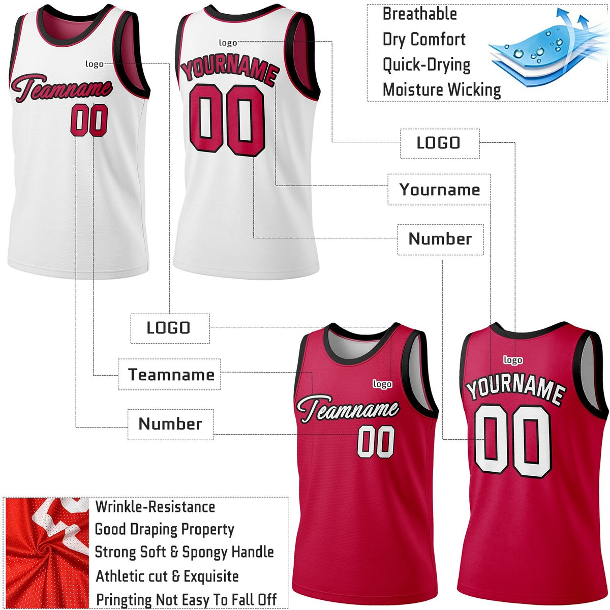 Custom Reversible White & Crimson Basketball Jersey | Personalized Team Jersey | Vosoli
