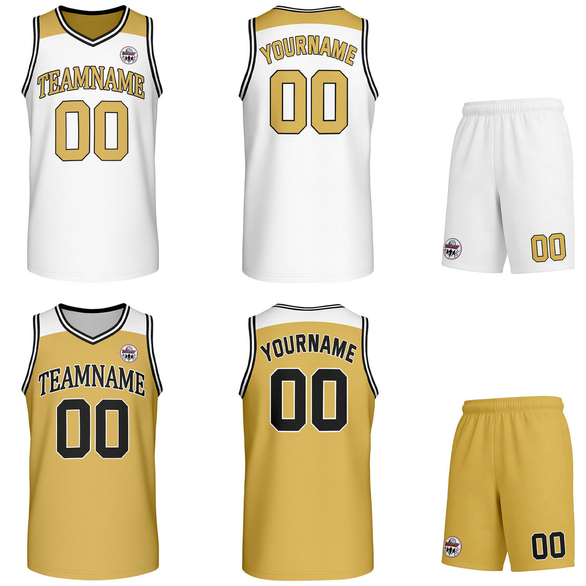 Custom reversible white &amp; gold basketball uniform set, personalized with team name number and logo, breathable mesh fabric for men women youth game practice - Vosoli