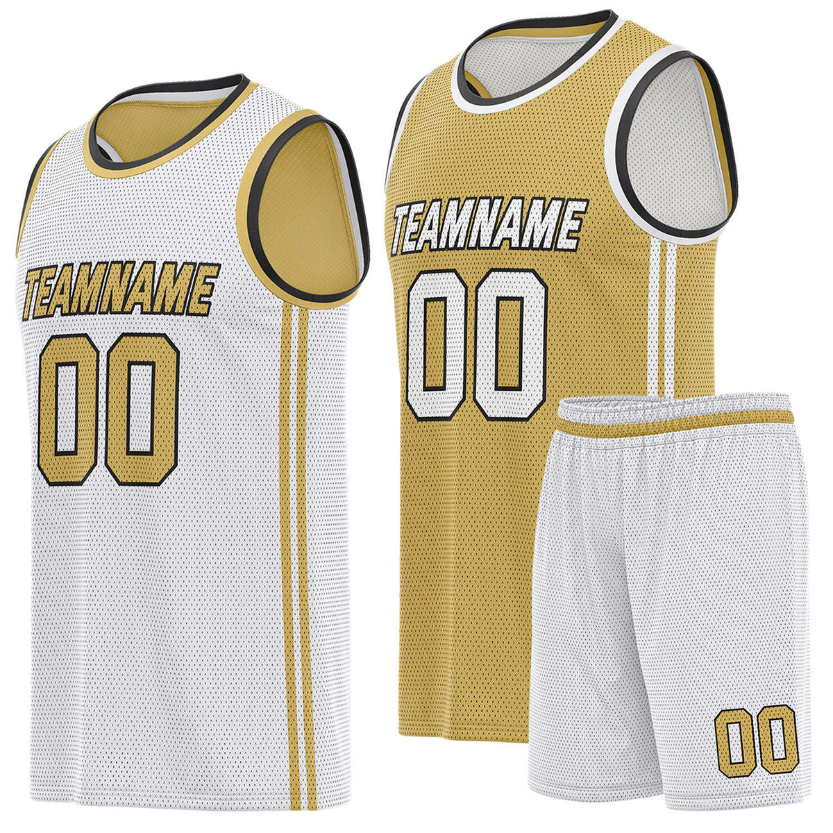 Custom reversible white &amp; gold basketball uniform (jersey + shorts), personalized team name number logo breathable mesh sports set for men women youth game practice - Vosoli