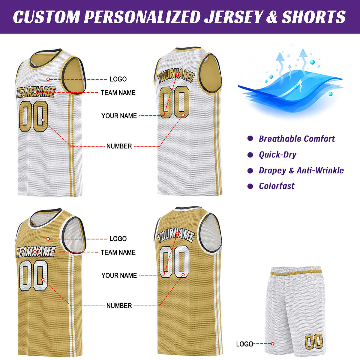 Custom Reversible White & Gold Basketball Uniform | Jersey & Shorts Set - Vosoli