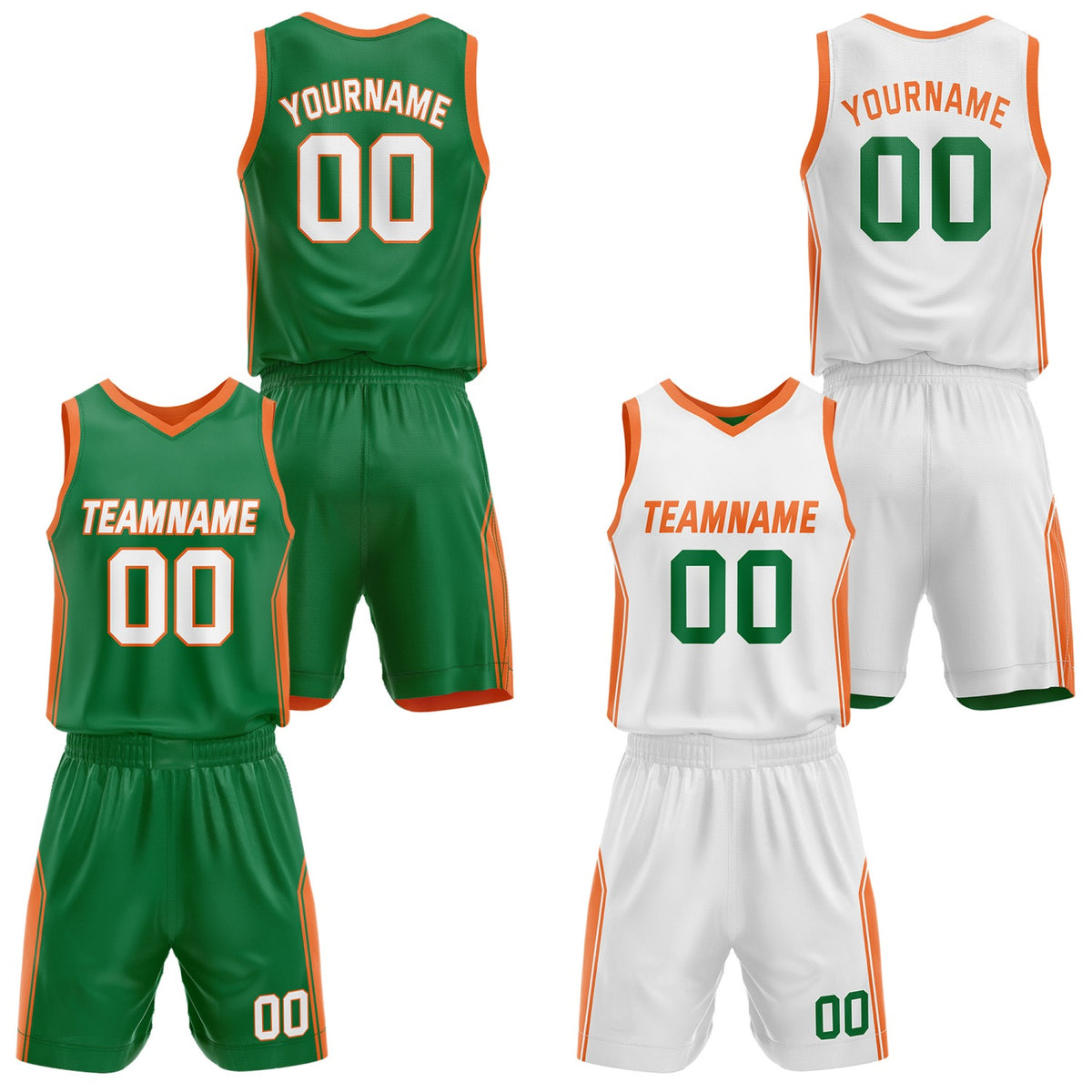 Custom Reversible Green White Basketball Jersey and Shorts Set, Personalized Team Name Number Breathable Mesh Uniform for Men Women Youth