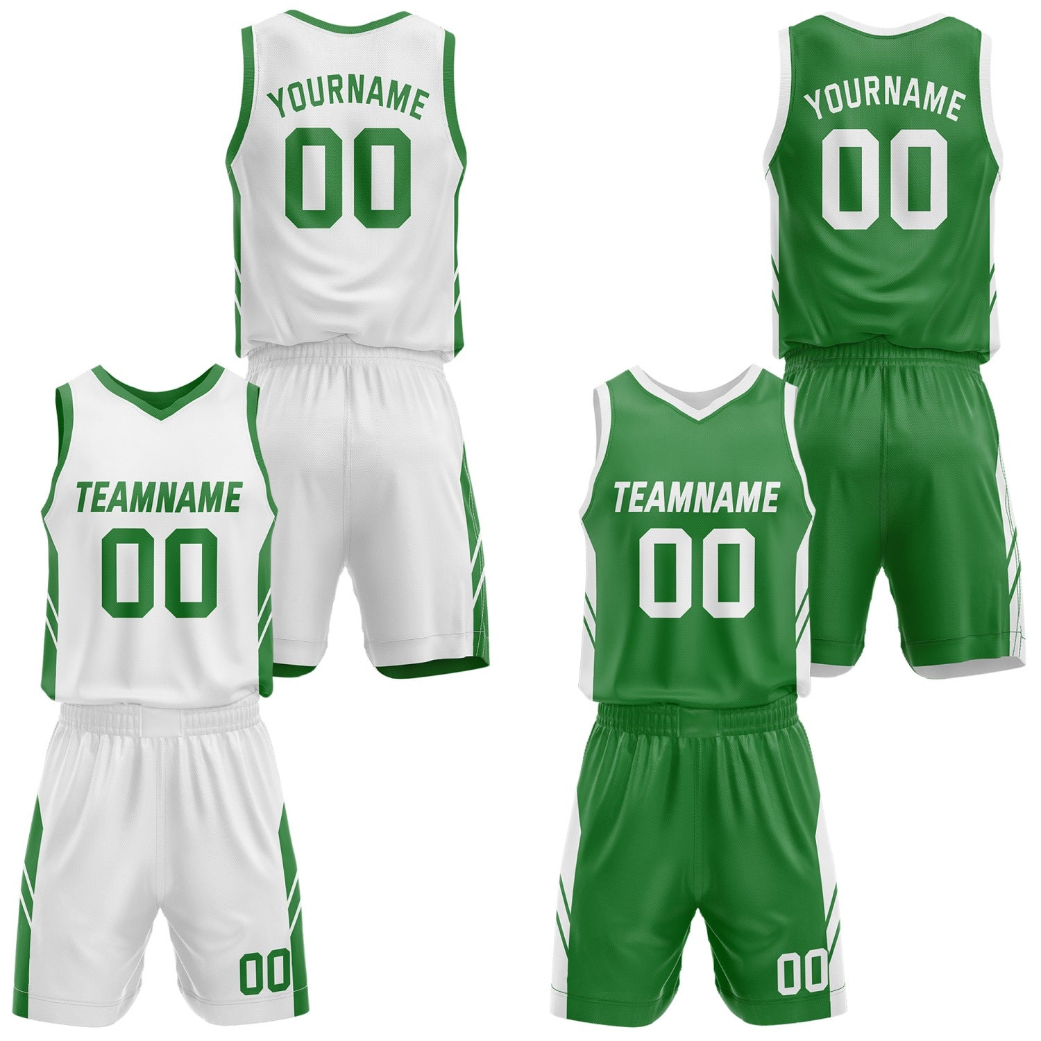 Custom Reversible White Green Basketball Jersey and Shorts Set, Personalized Team Name Number Breathable Mesh Uniform for Men Women Youth