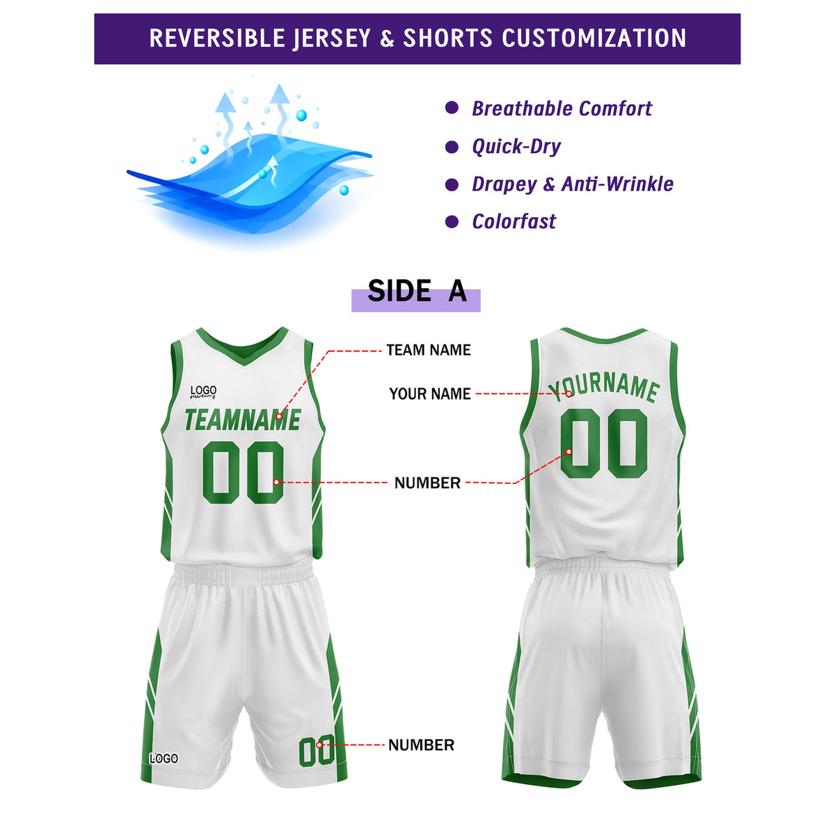 Custom White Green Basketball Uniforms for Youth & Adults - Reversible Jersey Set - Vosoli