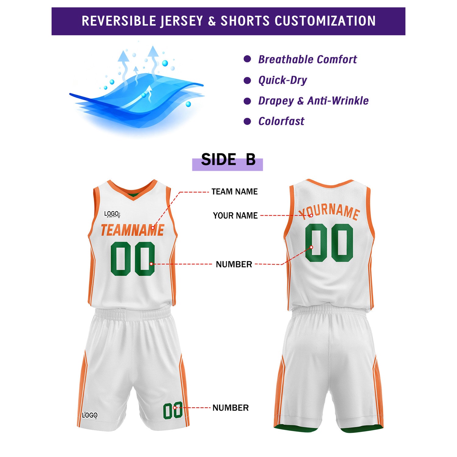 Custom White Green Basketball Uniforms for Youth & Adults - Reversible Jersey Set - Vosoli