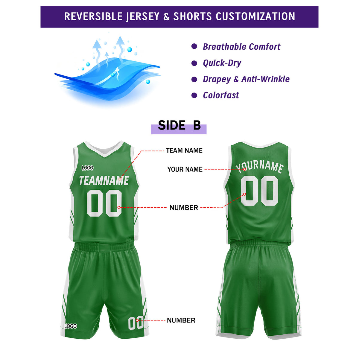 Custom White Green Basketball Uniforms for Youth & Adults - Reversible Jersey Set - Vosoli