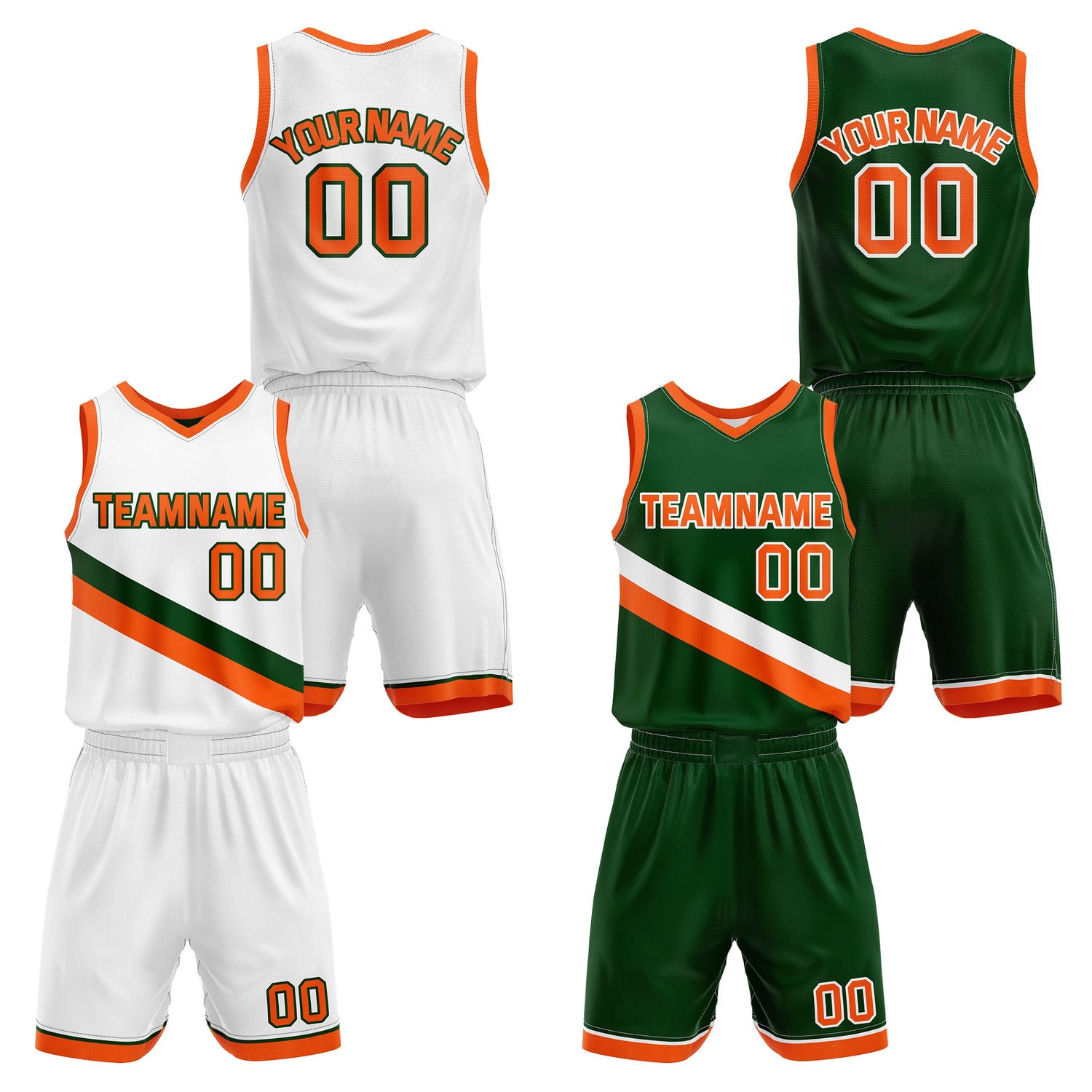 Custom Reversible White Green Orange Basketball Uniform Set | Team & Player Name - Vosoli