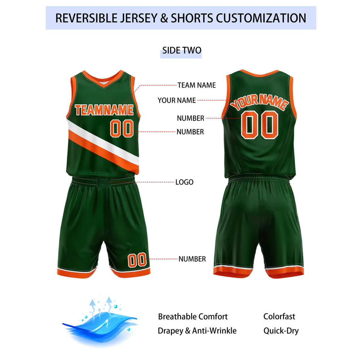 Custom Reversible White Green Orange Basketball Uniform Set | Team & Player Name - Vosoli