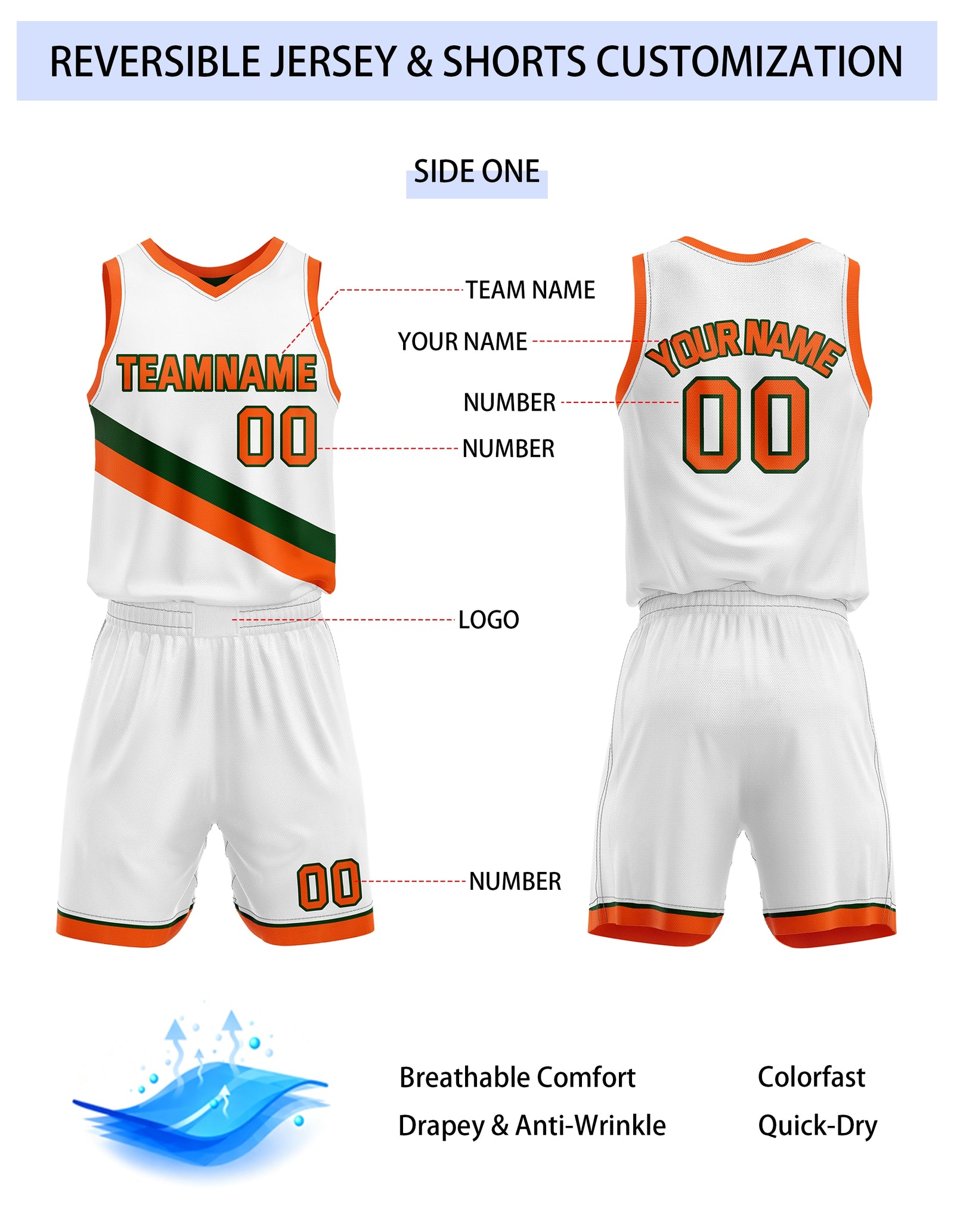Custom Reversible White Green Orange Basketball Uniform Set | Team & Player Name - Vosoli